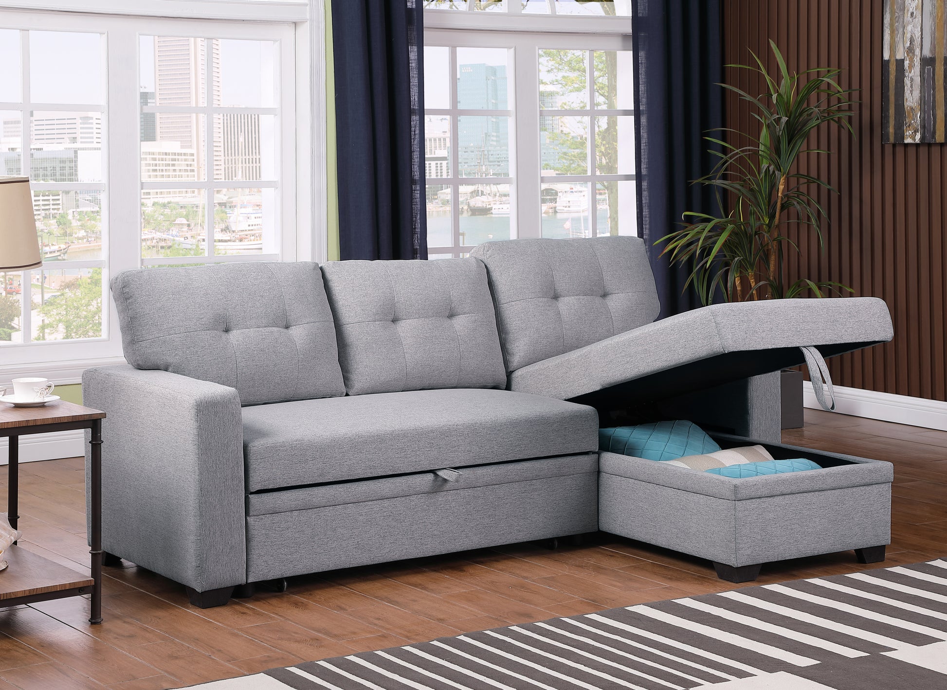 Upholstered Pull Out Sectional Sofa With Chaise Light Gray Foam Linen