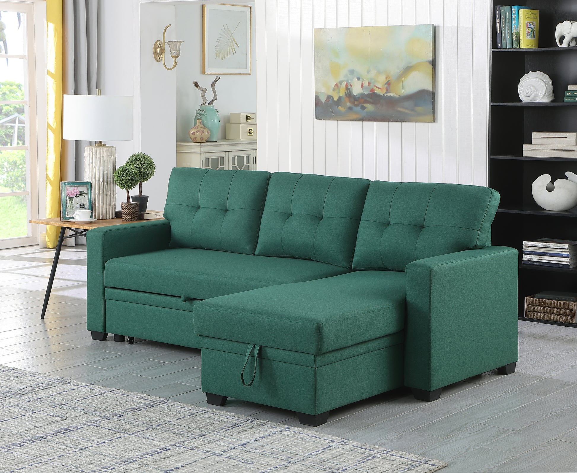 Upholstered Pull Out Sectional Sofa With Chaise Green Foam Linen