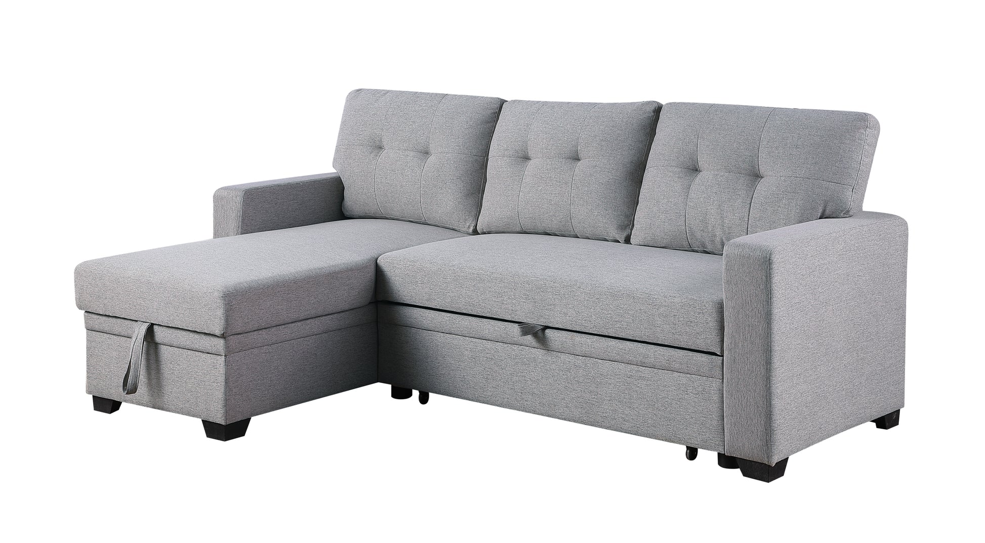 Upholstered Pull Out Sectional Sofa With Chaise Light Gray Foam Linen