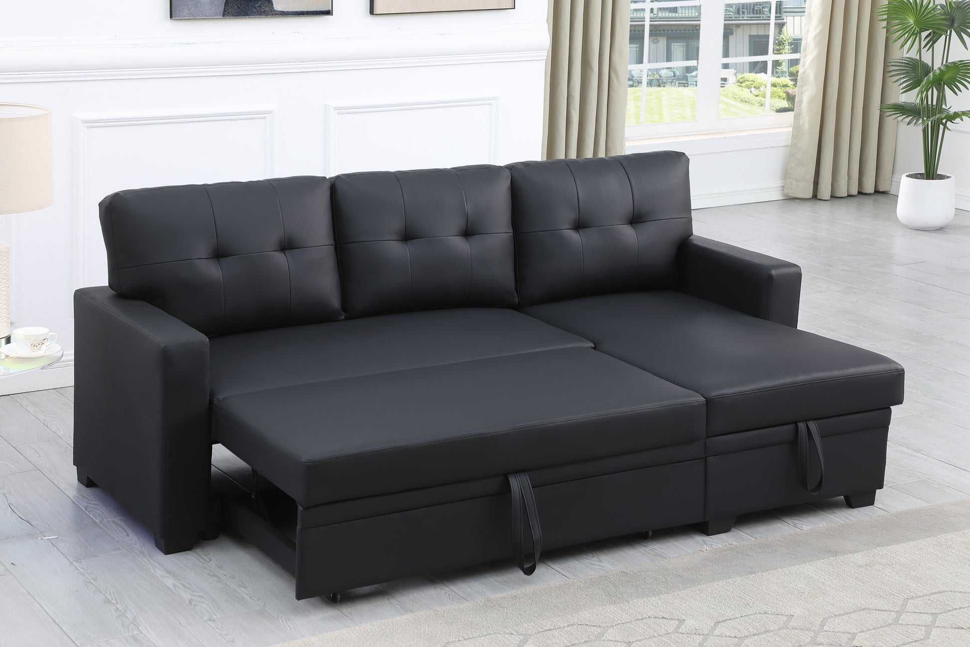 Upholstered Pull Out Sectional Sofa With Chaise Black Faux Leather