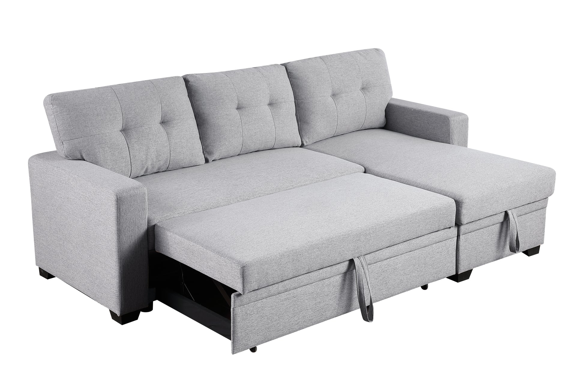 Upholstered Pull Out Sectional Sofa With Chaise Light Gray Foam Linen