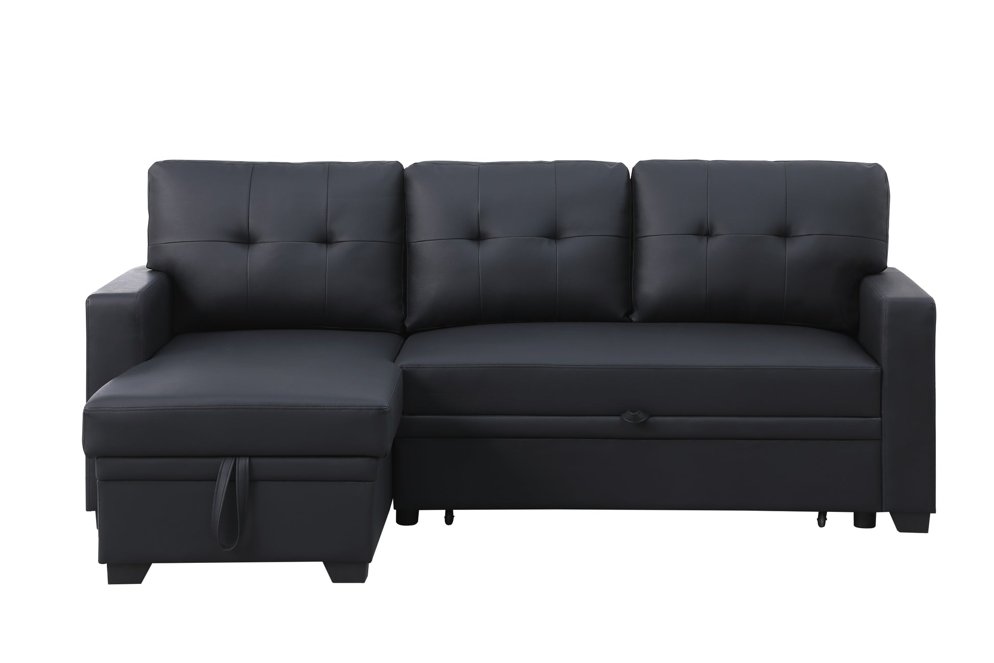 Upholstered Pull Out Sectional Sofa With Chaise Black Faux Leather