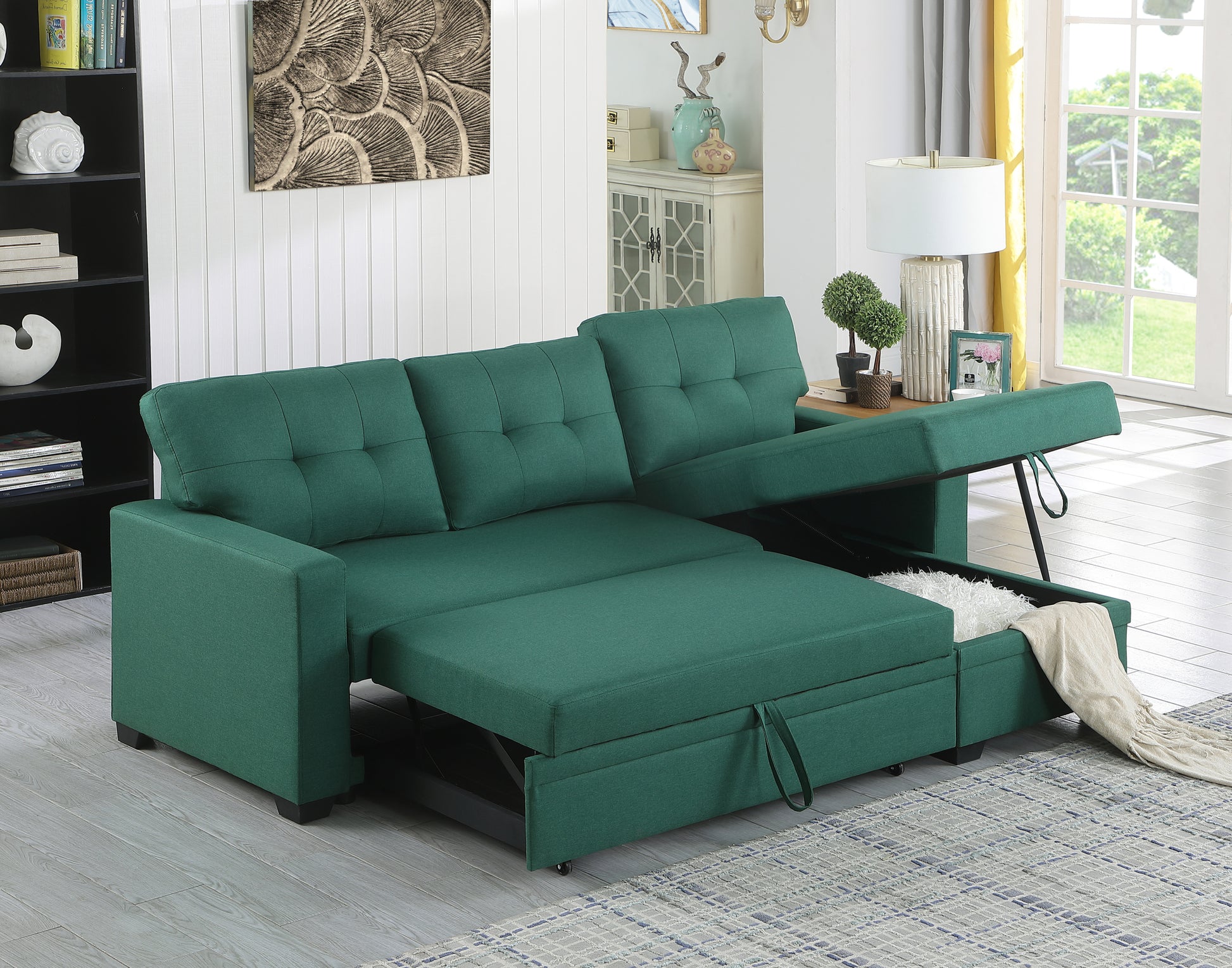 Upholstered Pull Out Sectional Sofa With Chaise Green Foam Linen