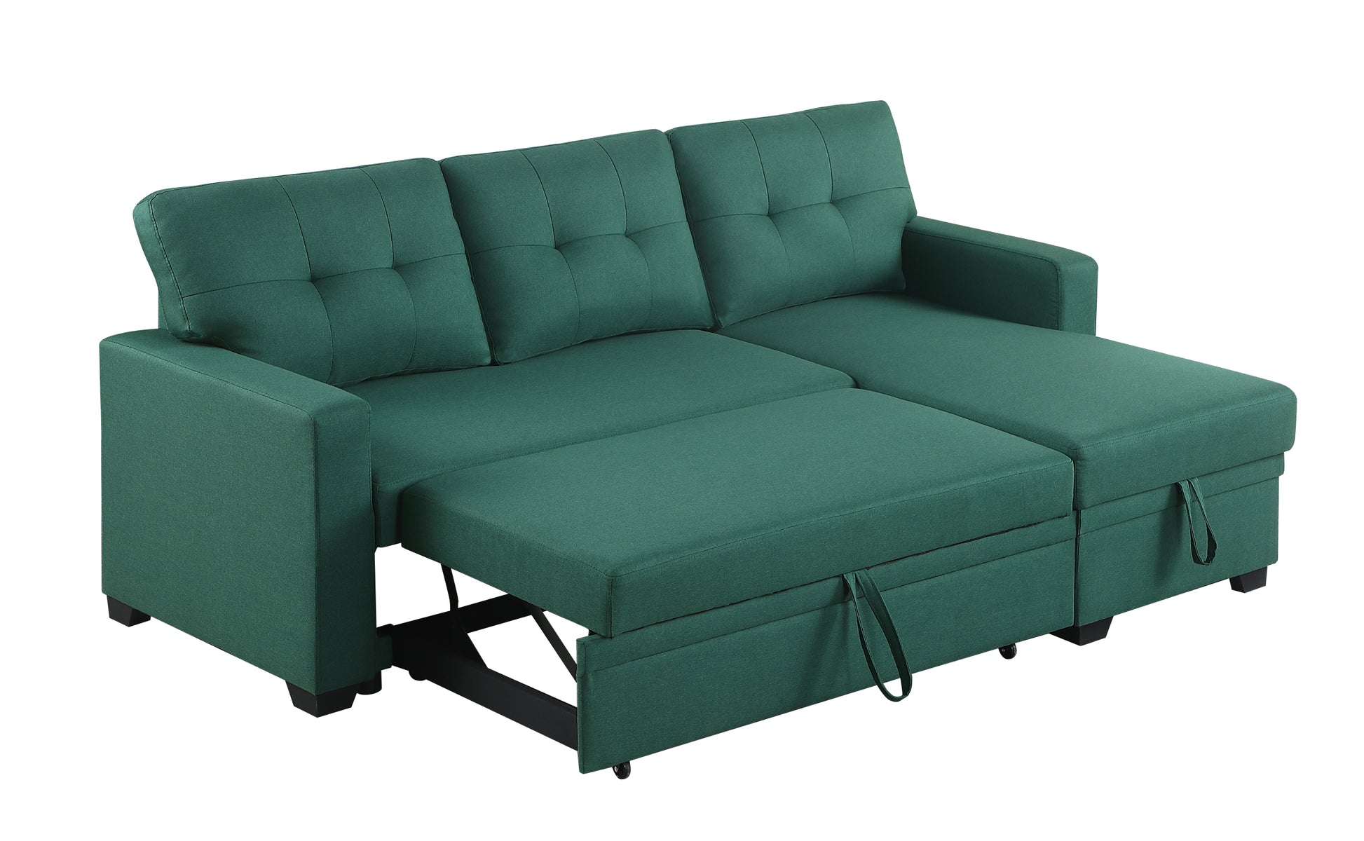 Upholstered Pull Out Sectional Sofa With Chaise Green Foam Linen