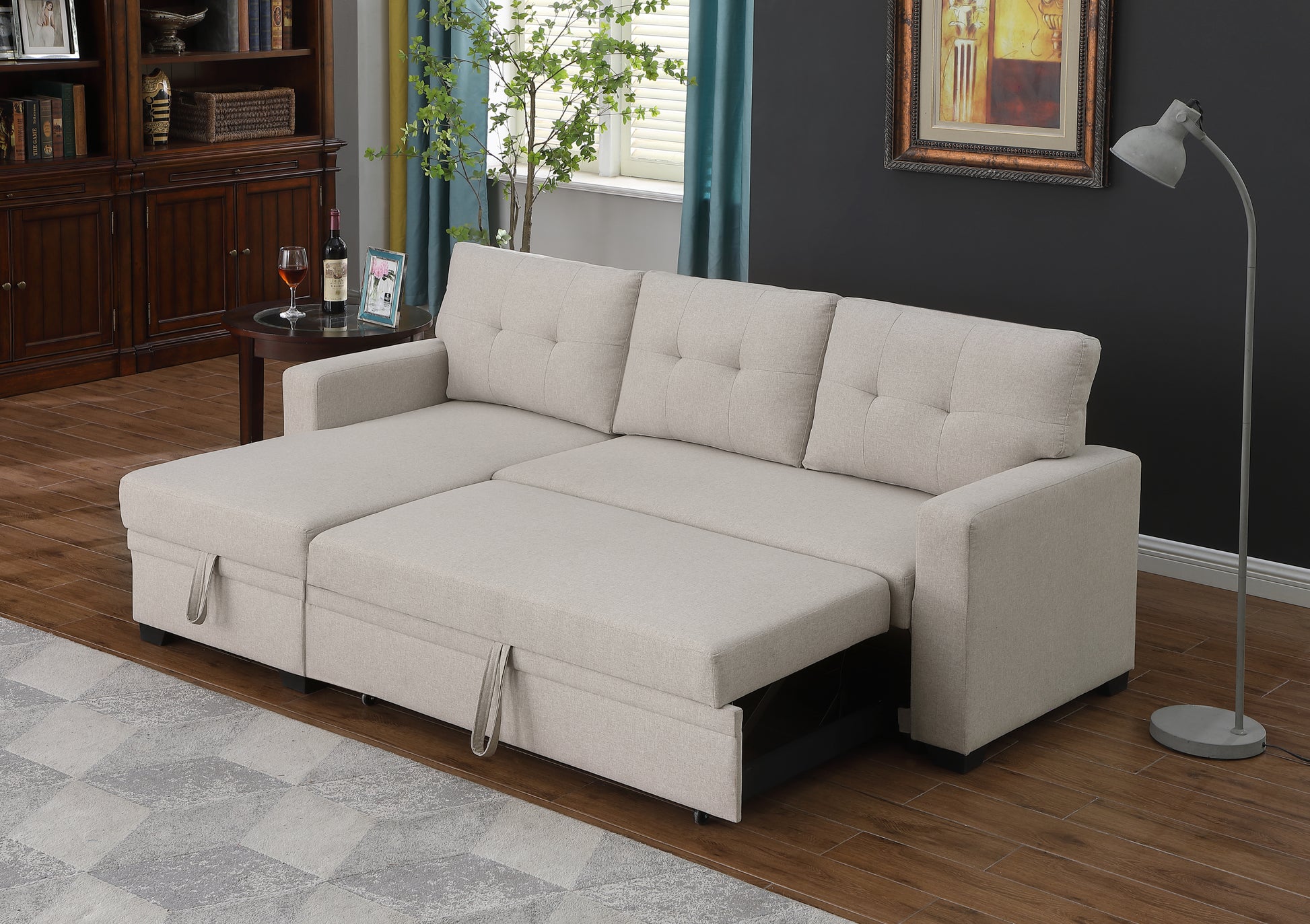 Upholstered Pull Out Sectional Sofa With Chaise Beige Foam Linen