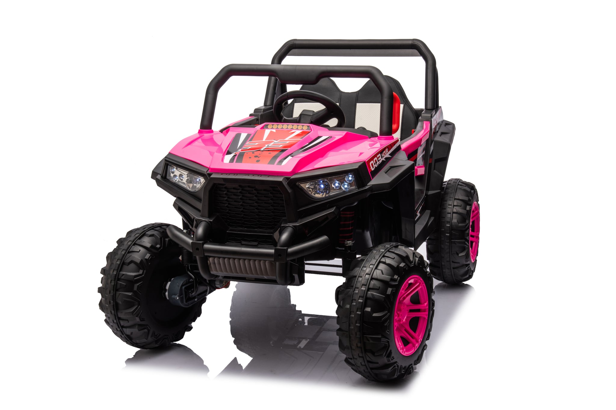 12V7A*1 30W*4 Four Wheel Drive Leather Seat One Button Start,Forward And Backward, High And Low Speed, Music, Front Light, Power Display, Two Doors Can Open, 2.4G R C, Seat Belt Four Wheel Absorber Pink Iron Plastic