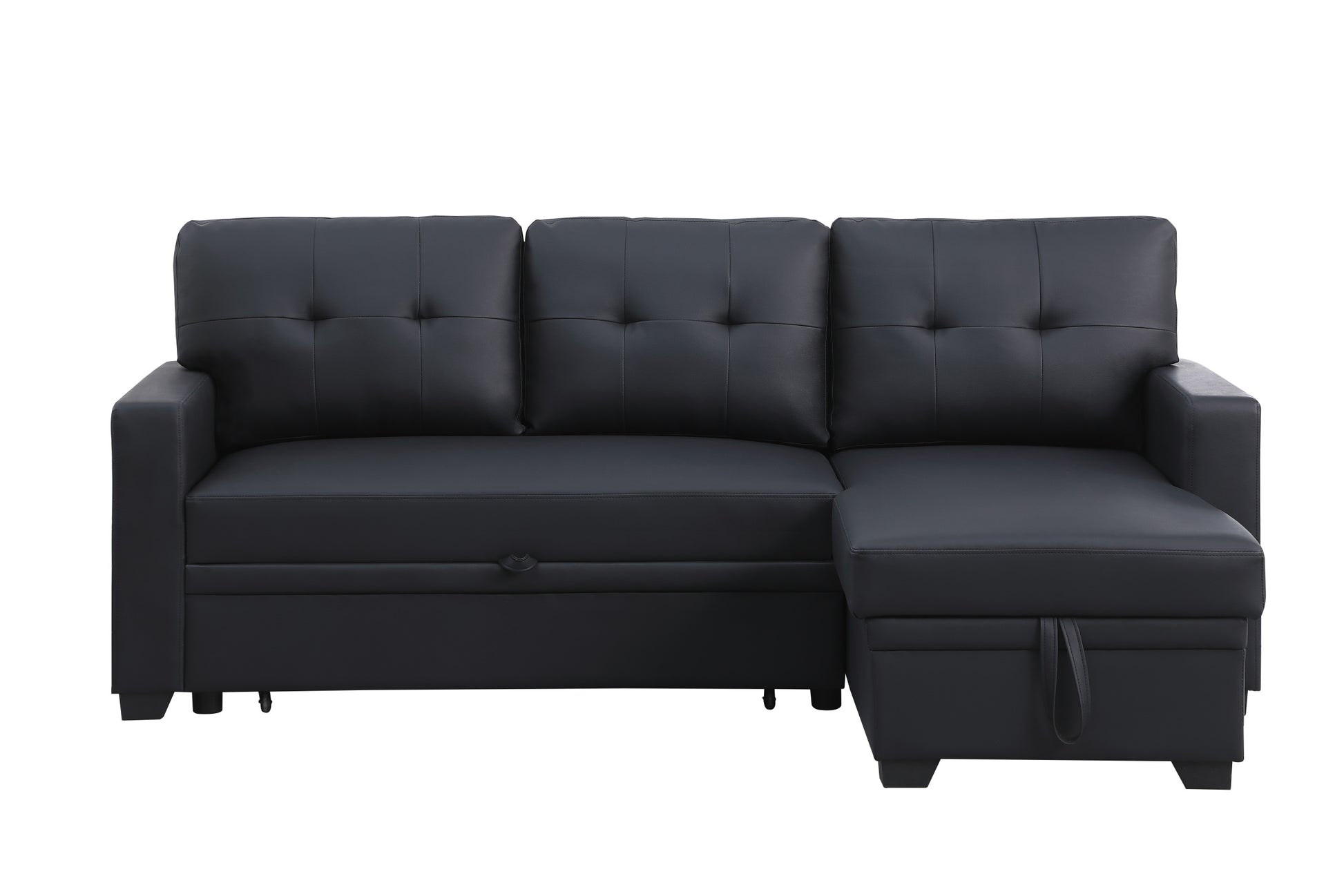 Upholstered Pull Out Sectional Sofa With Chaise Black Faux Leather