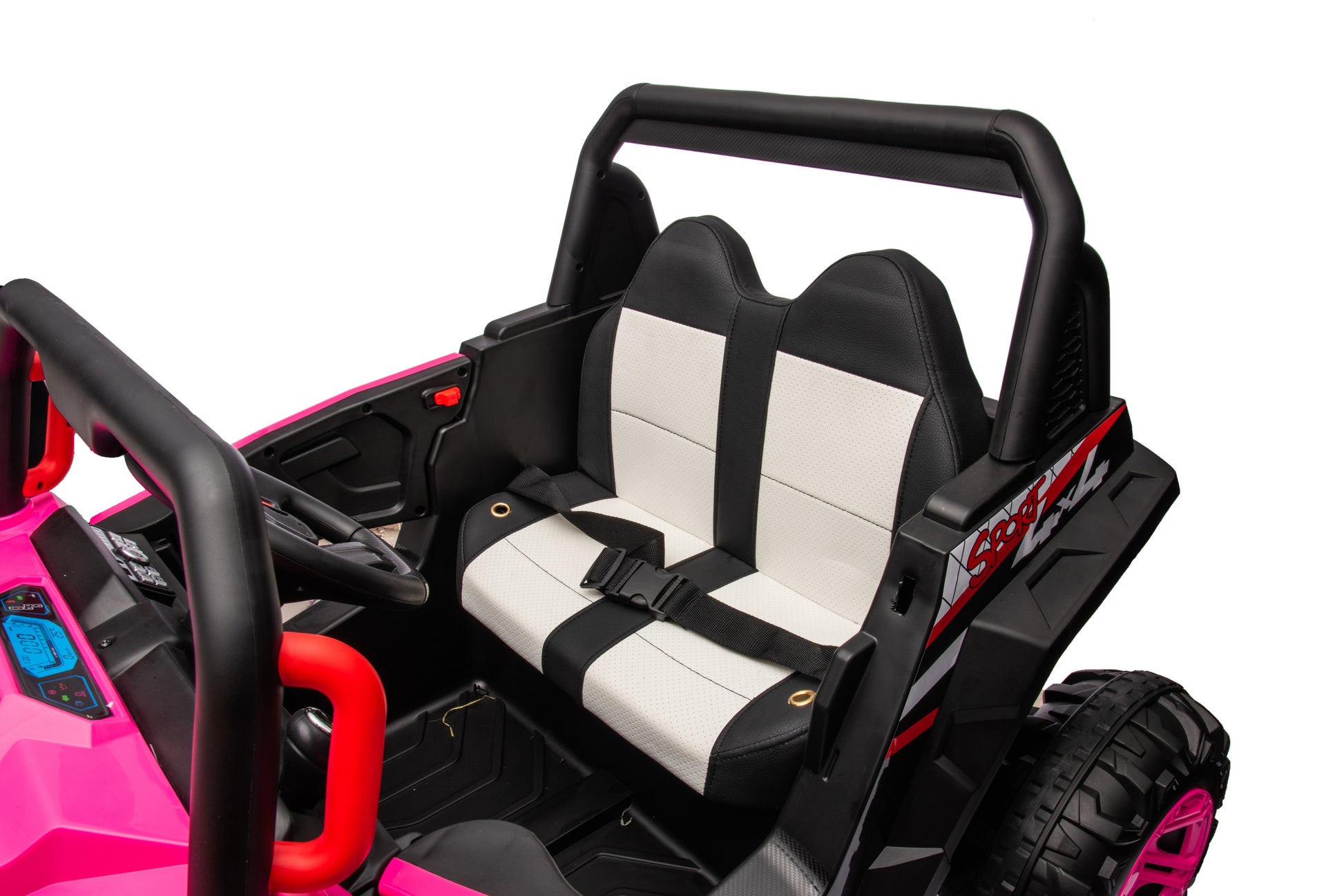 12V7A*1 30W*4 Four Wheel Drive Leather Seat One Button Start,Forward And Backward, High And Low Speed, Music, Front Light, Power Display, Two Doors Can Open, 2.4G R C, Seat Belt Four Wheel Absorber Pink Iron Plastic