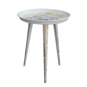20 Inch Artisanal Industrial Round Tray Top Iron Side End Table, Tripod Base, Distressed White, Gold Golden White Iron