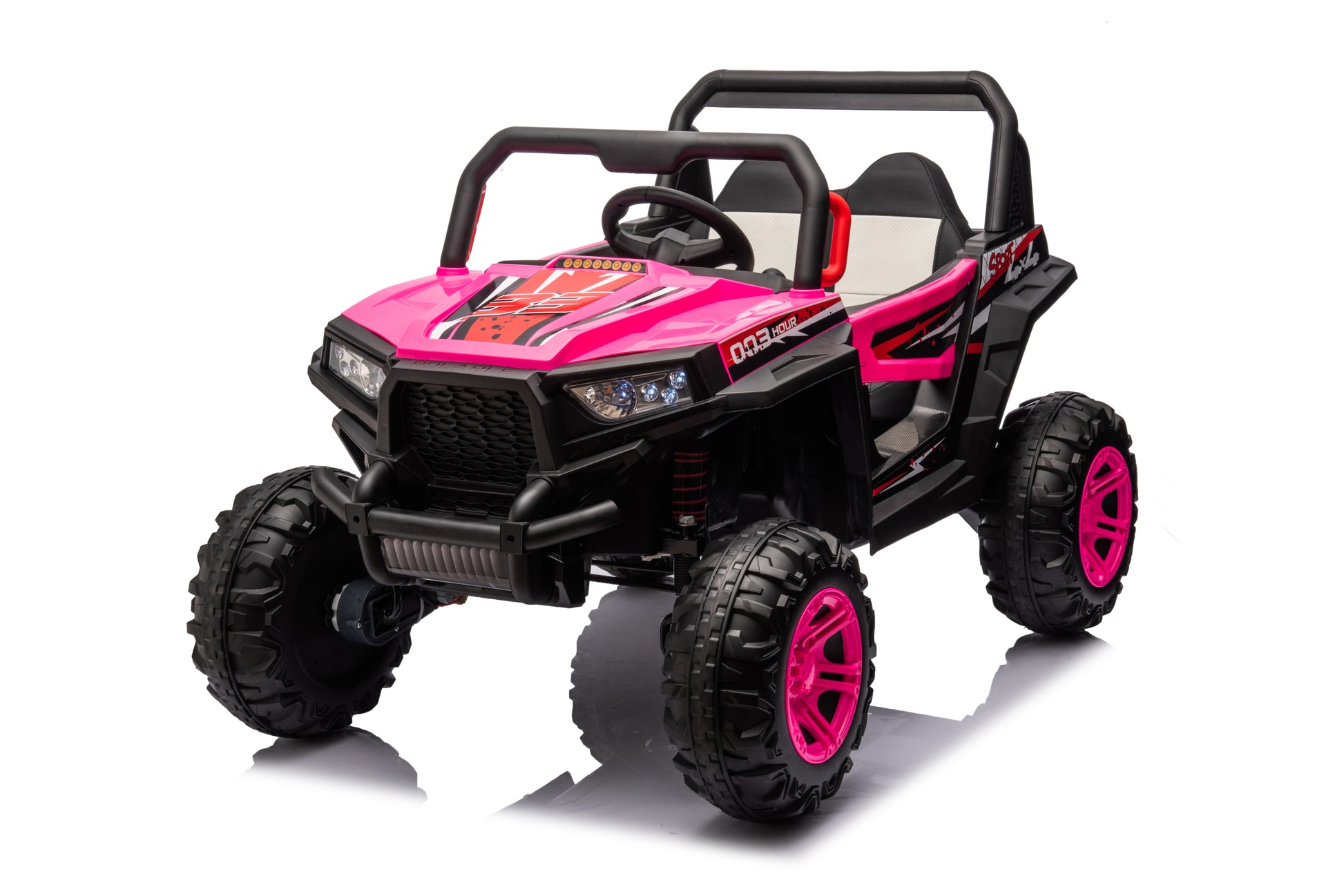 12V7A*1 30W*4 Four Wheel Drive Leather Seat One Button Start,Forward And Backward, High And Low Speed, Music, Front Light, Power Display, Two Doors Can Open, 2.4G R C, Seat Belt Four Wheel Absorber Pink Iron Plastic