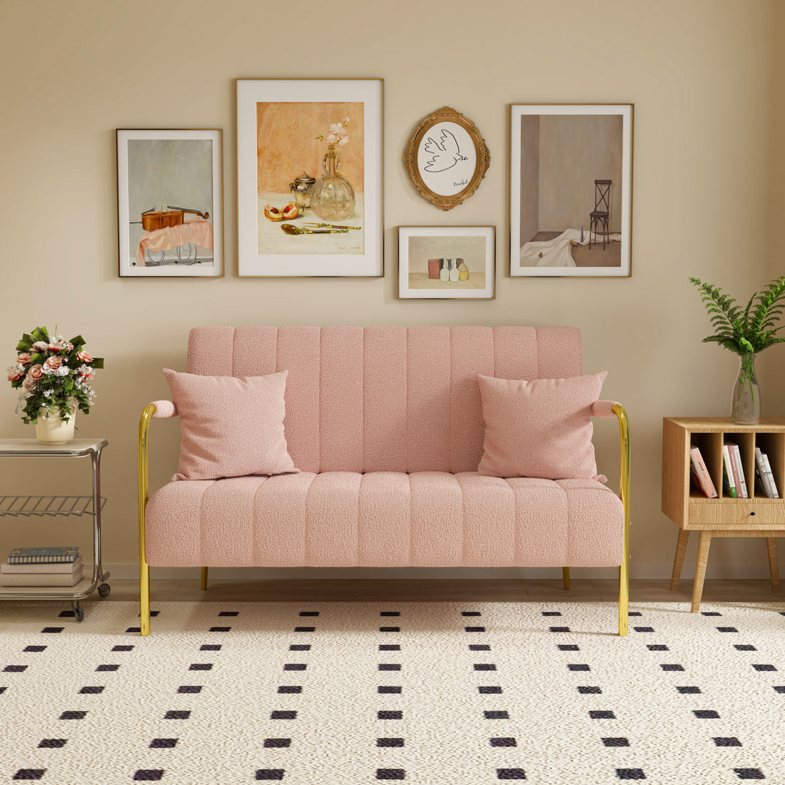 59Inch Pink Teddy Fleecesof, Two Throw Pillows, Suitable For Living Room, Apartment, Home Office Pink Fabric 2 Seat