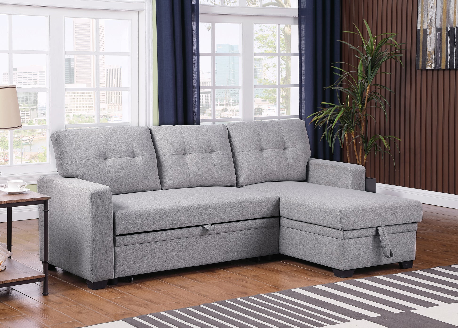 Upholstered Pull Out Sectional Sofa With Chaise Light Gray Foam Linen