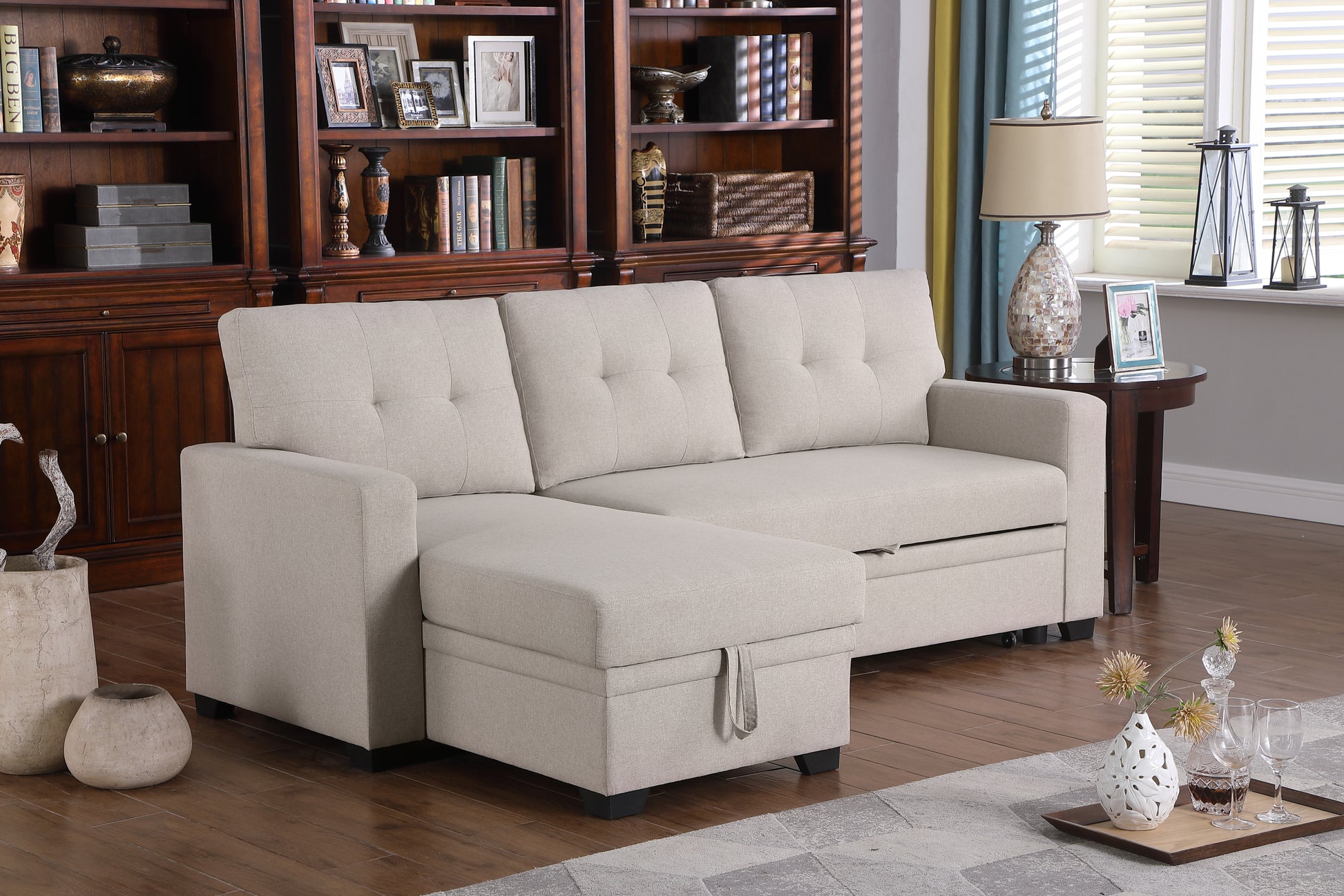 Upholstered Pull Out Sectional Sofa With Chaise Beige Foam Linen