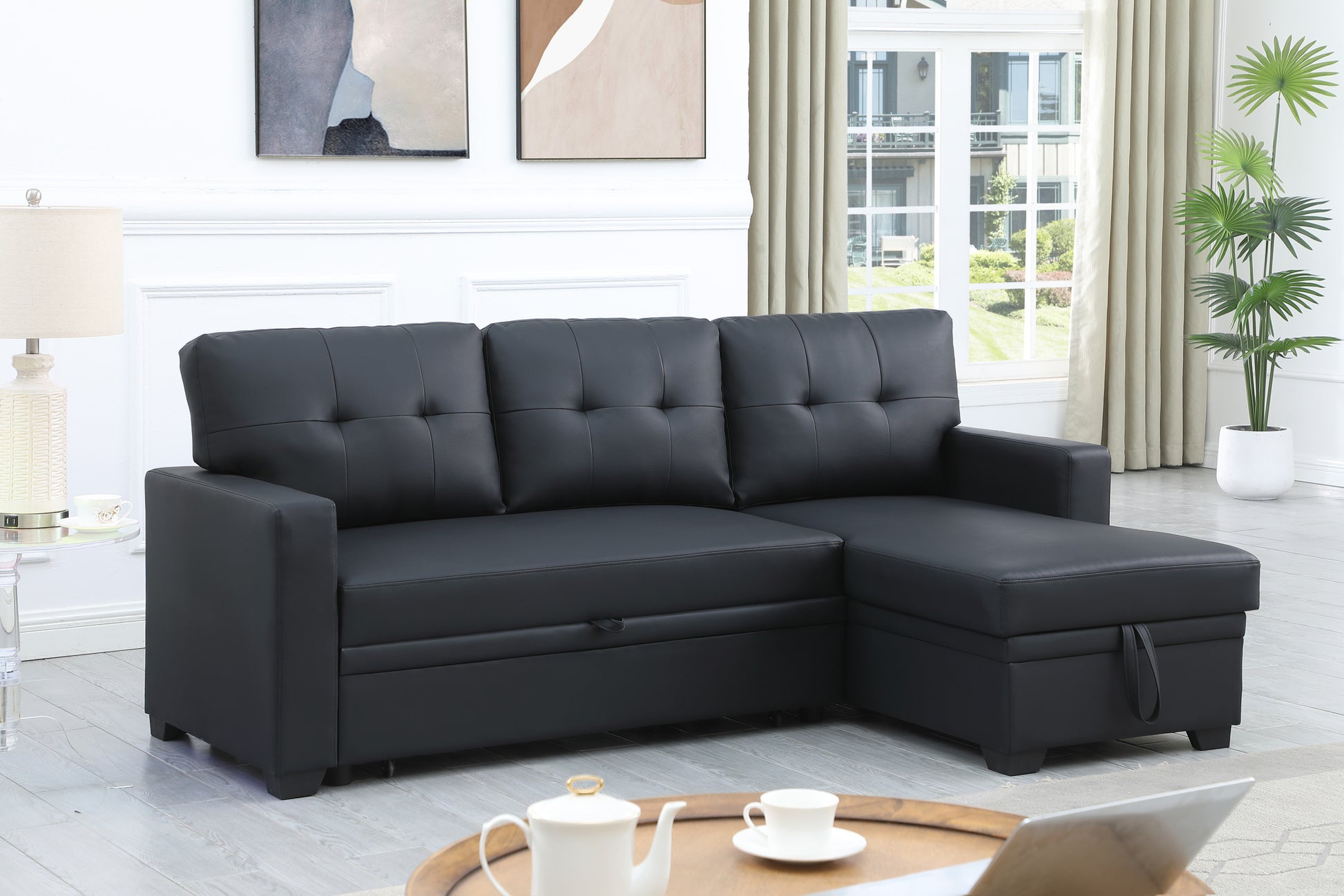 Upholstered Pull Out Sectional Sofa With Chaise Black Faux Leather