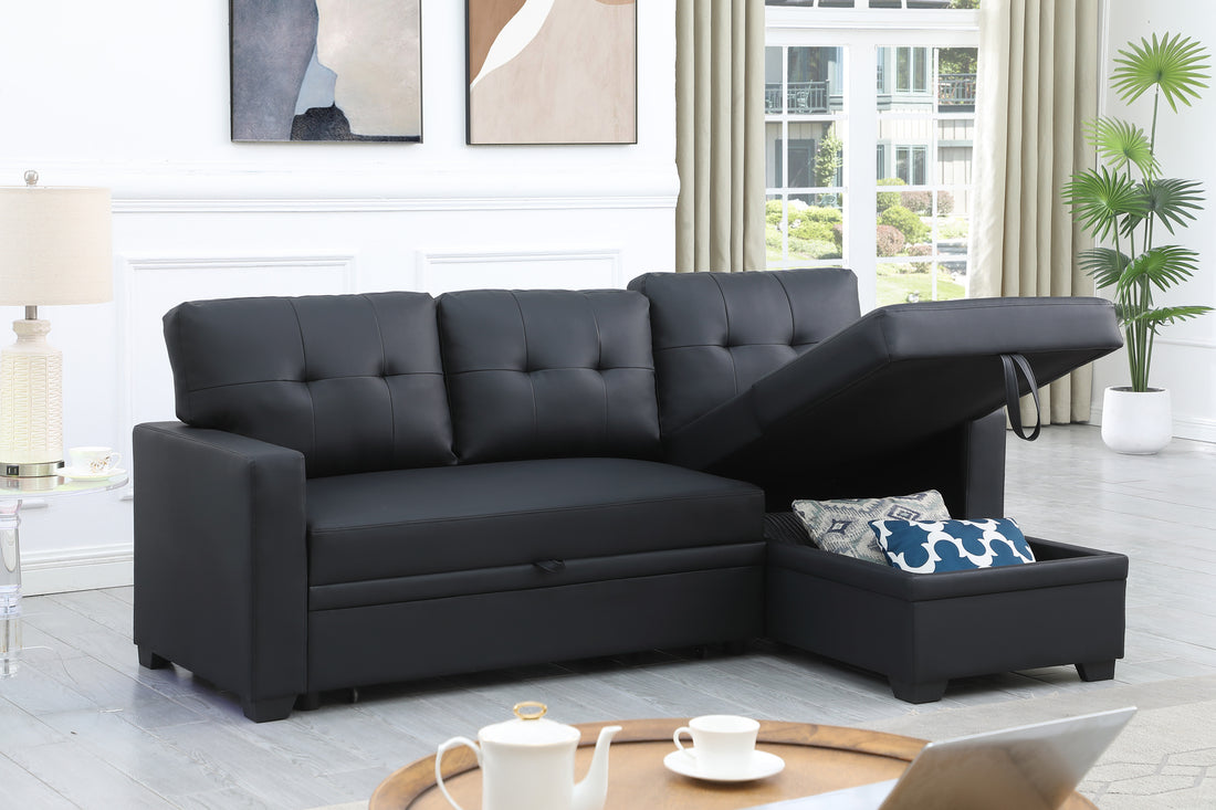 Upholstered Pull Out Sectional Sofa With Chaise Black Faux Leather