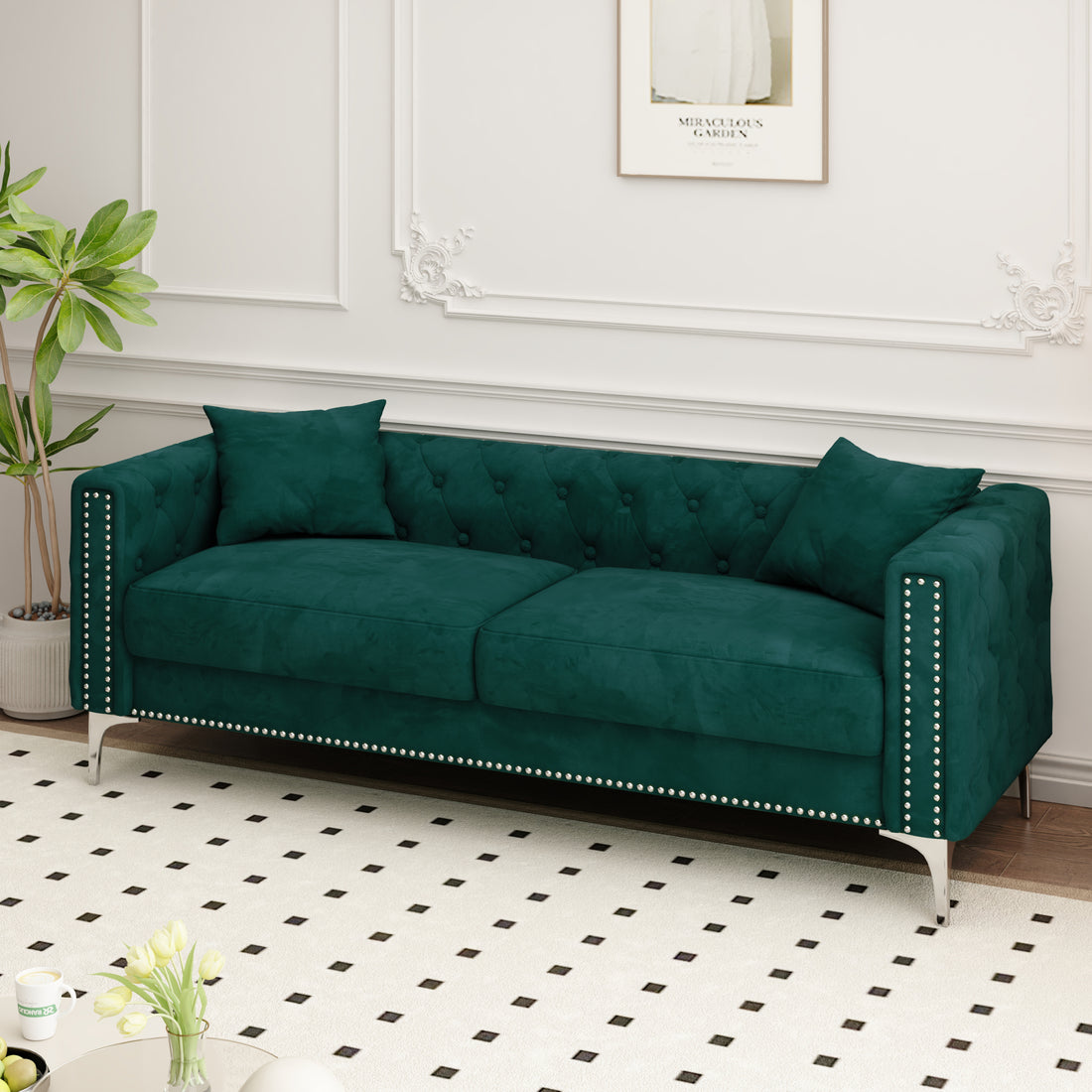 Sofa Includes 2 Pillows, 83 "Green Velvet Triple Sofa For Small Spaces Green Velvet