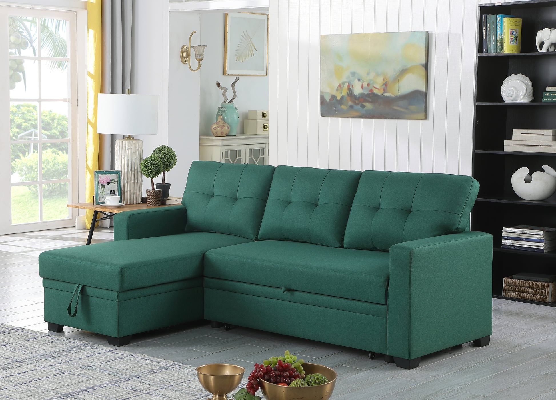 Upholstered Pull Out Sectional Sofa With Chaise Green Foam Linen