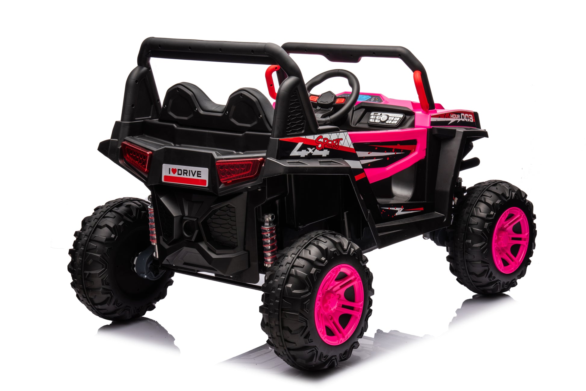 12V7A*2 30W*4 Four Wheel Drive Leather Seat One Button Start,Forward And Backward, High And Low Speed, Music, Front Light, Power Display, Two Doors Can Open, 2.4G R C, Seat Belt Four Wheel Absorber Pink Iron Plastic