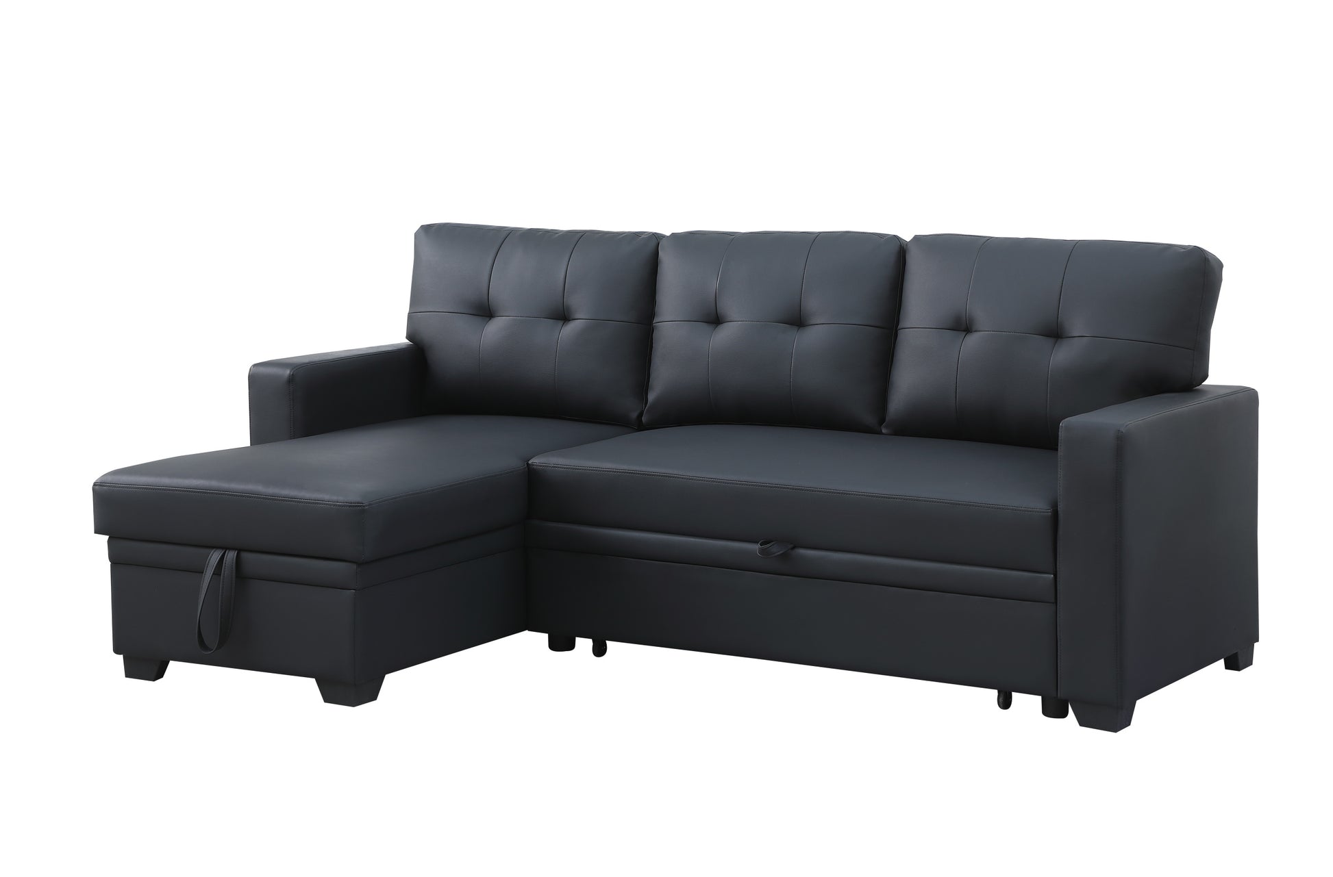 Upholstered Pull Out Sectional Sofa With Chaise Black Faux Leather