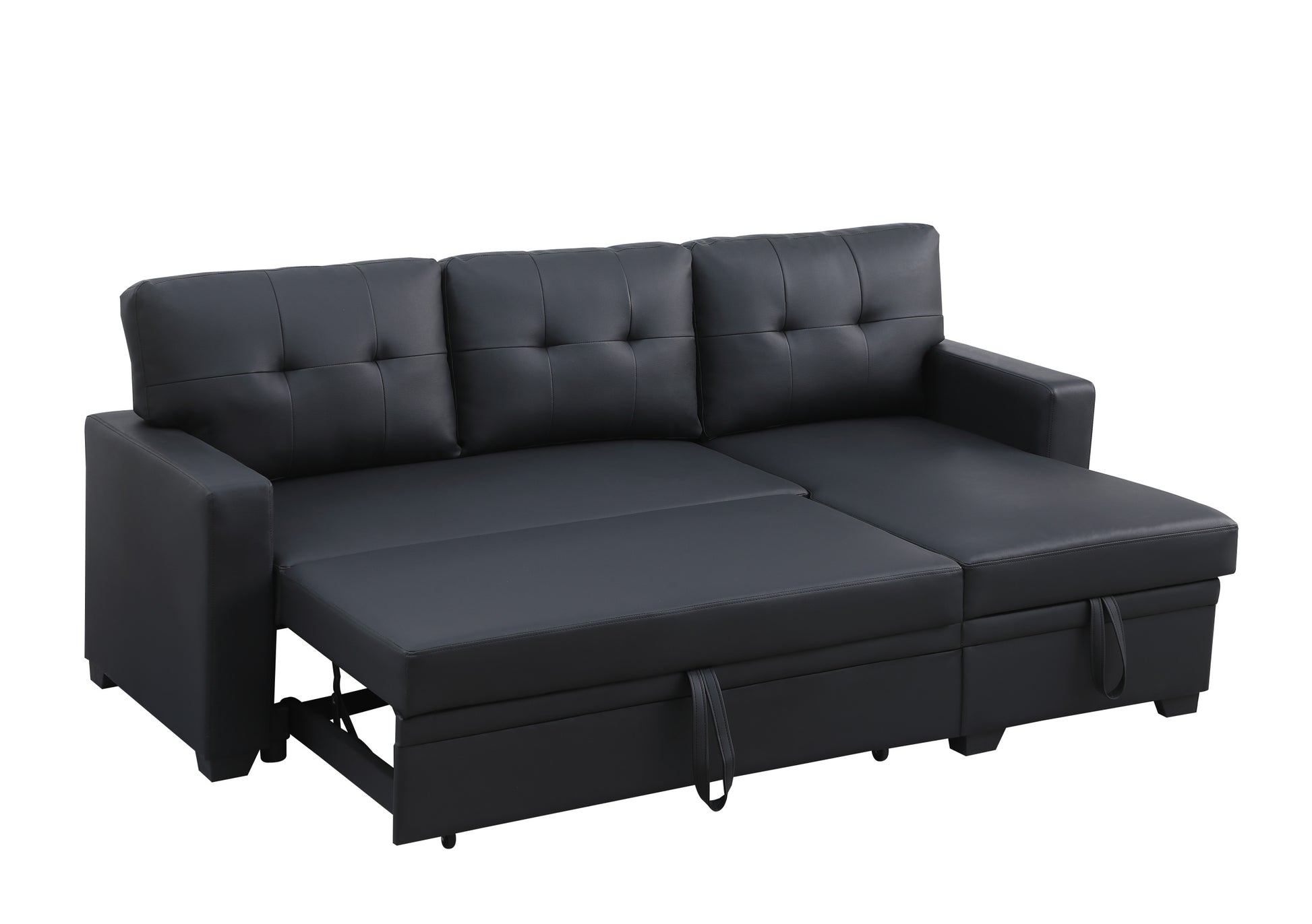 Upholstered Pull Out Sectional Sofa With Chaise Black Faux Leather