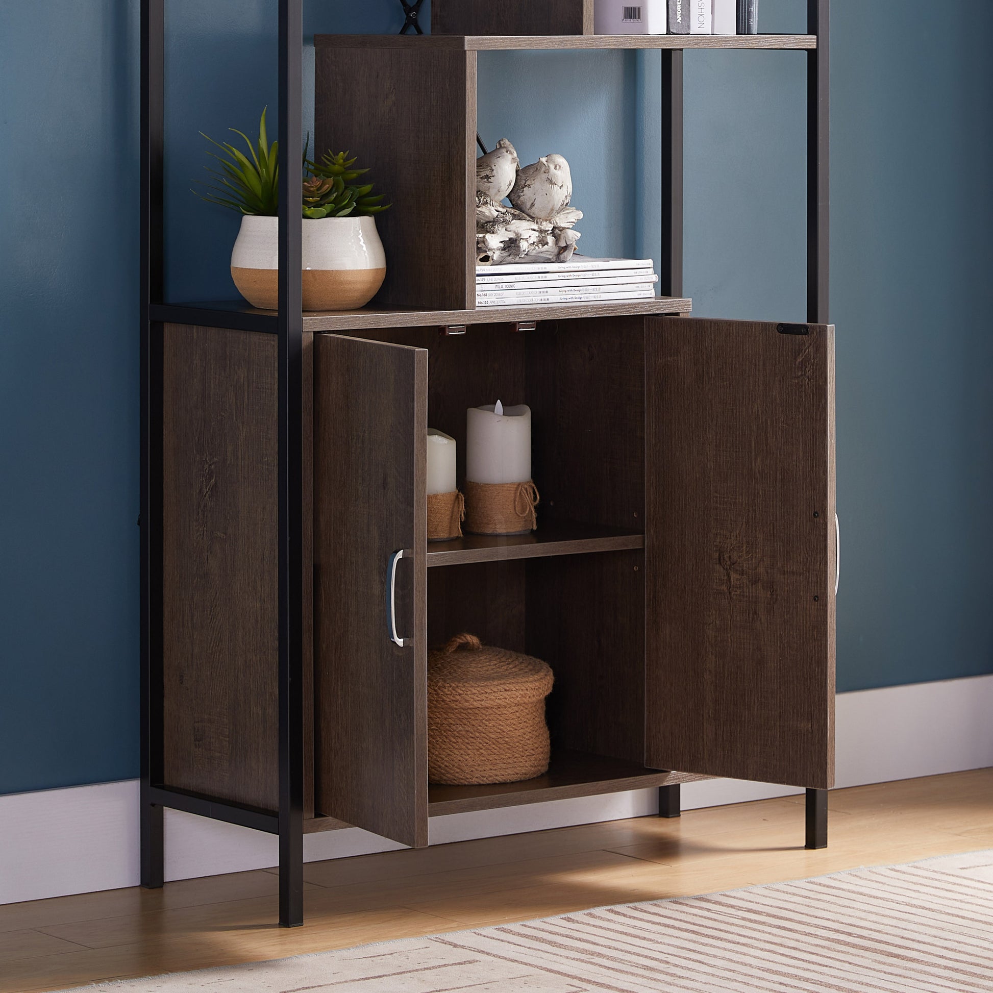 Six Shelf Modern Bookcase With Two Door Storage Cabinet With Two Shelves Dark Brown And Black Metal Walnut Particle Board