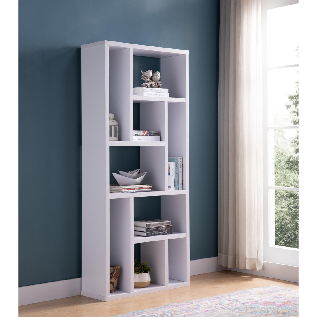 Contemporary Bookcase With Nine Shelves White White Particle Board