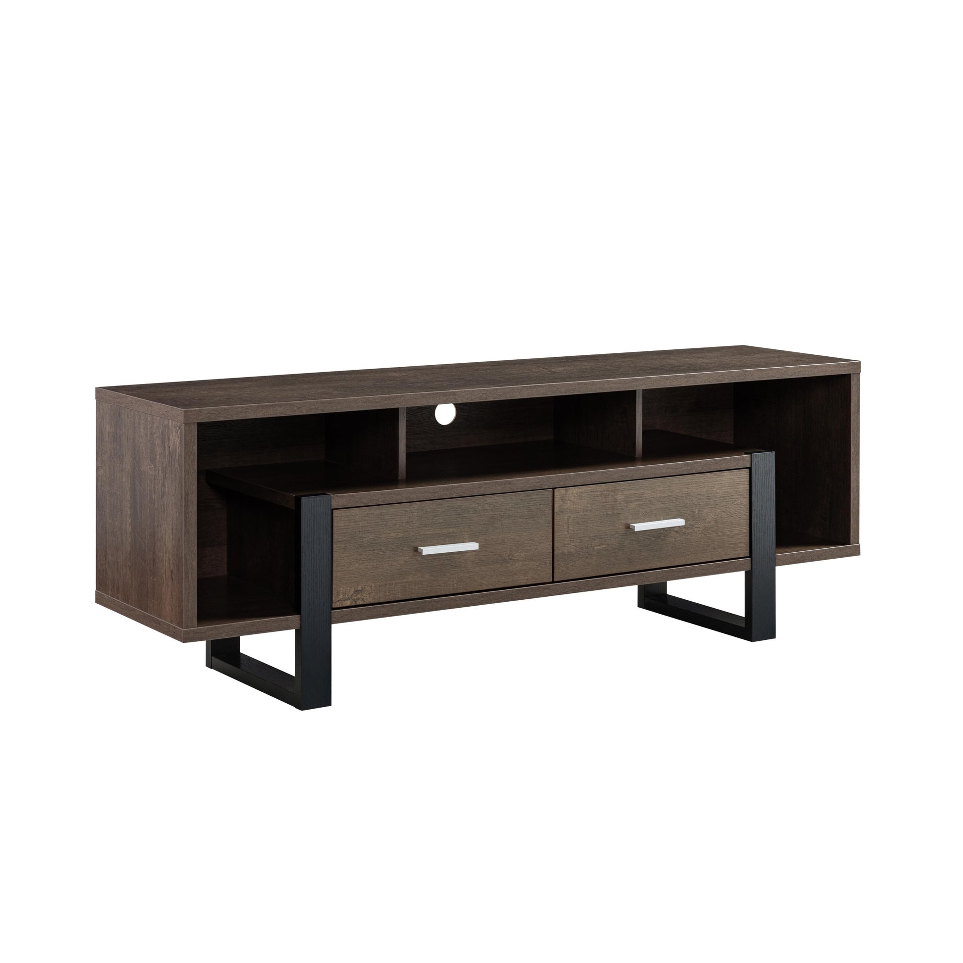 Modern Tv Stand With Three Shelves And Two Drawers Dark Brown & Black Walnut 60 69 Inches Particle Board