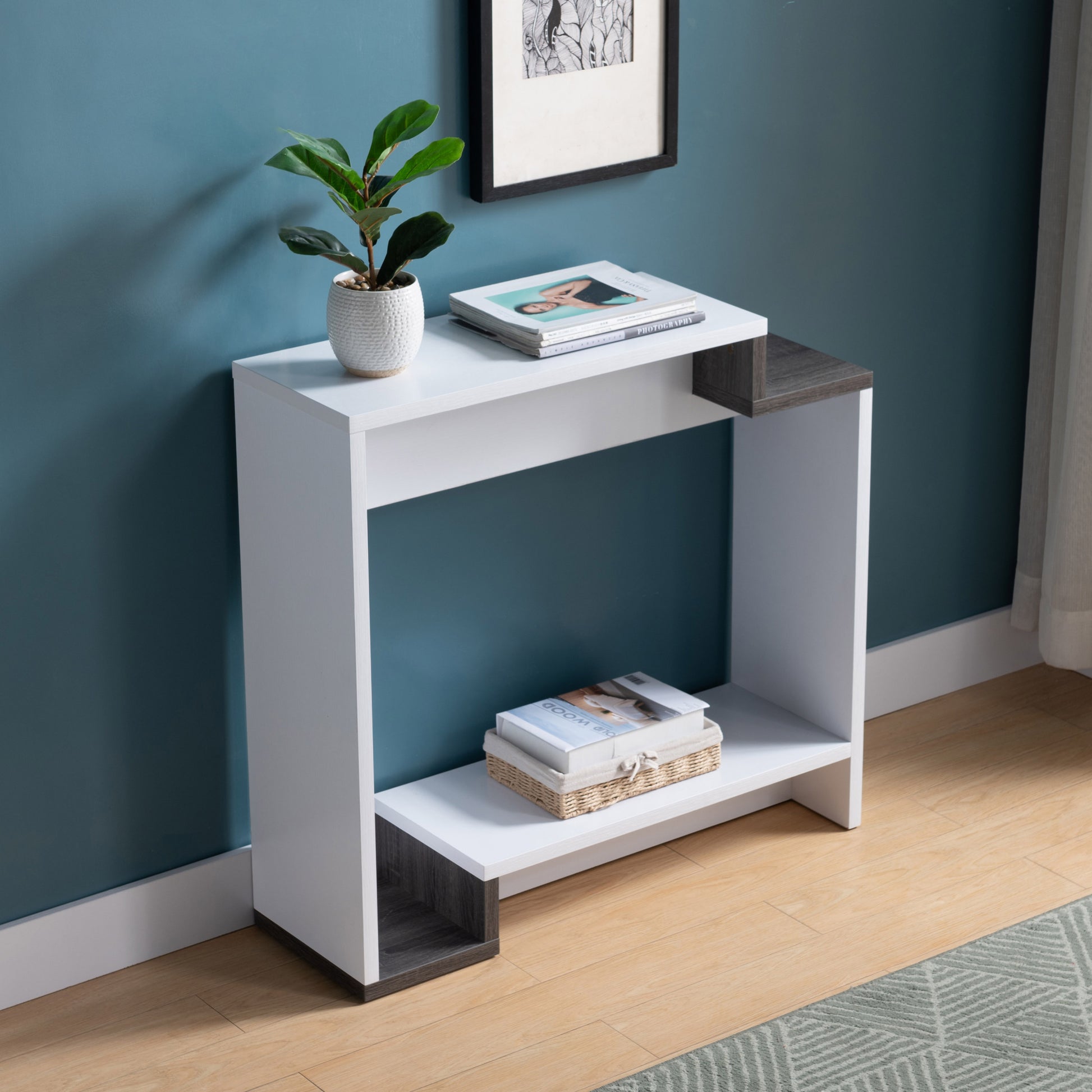 Contemporary Console Table With Two Open Shelves White & Grey White Particle Board