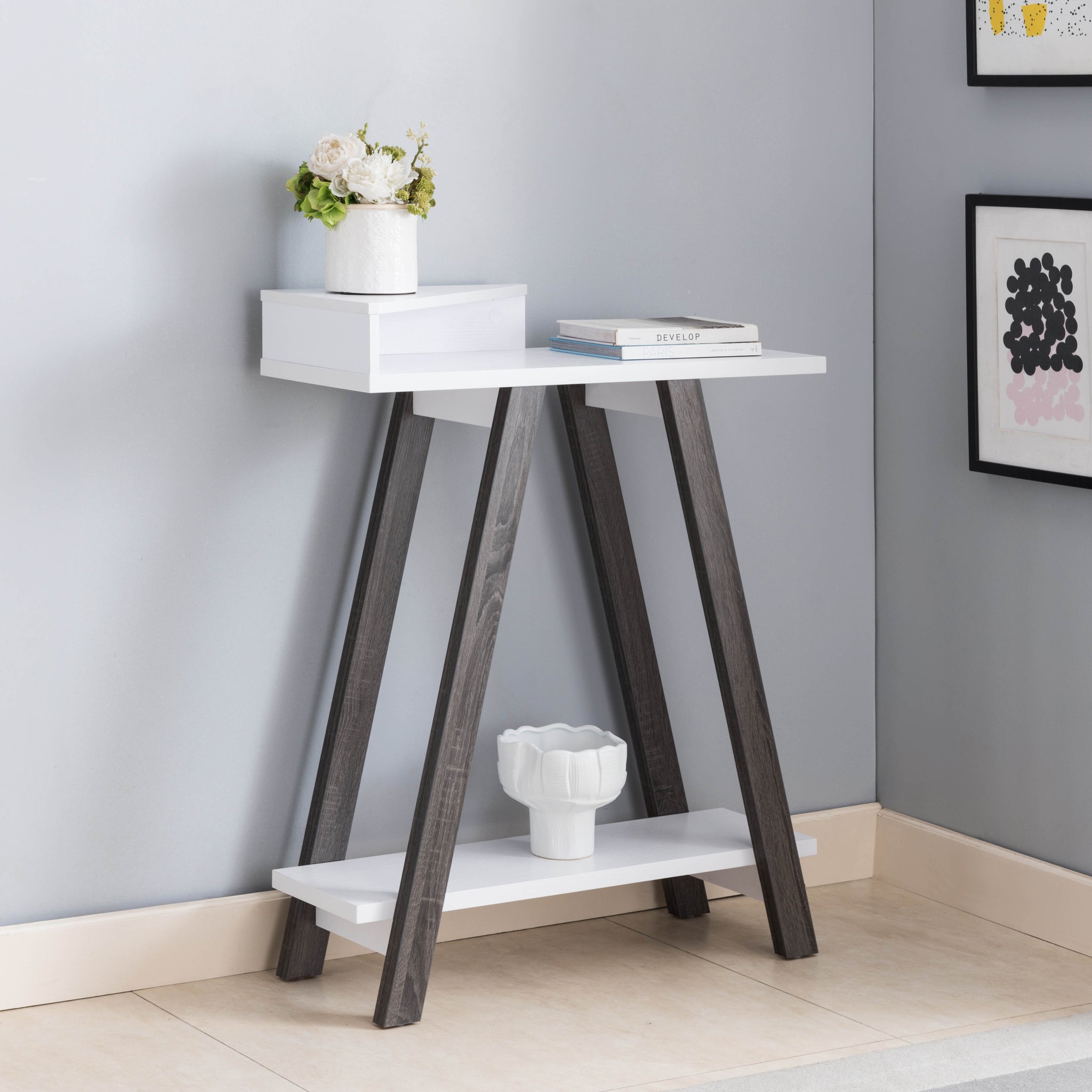 Contemporary Two Toned Console Table With Two Shelves White & Grey White Particle Board