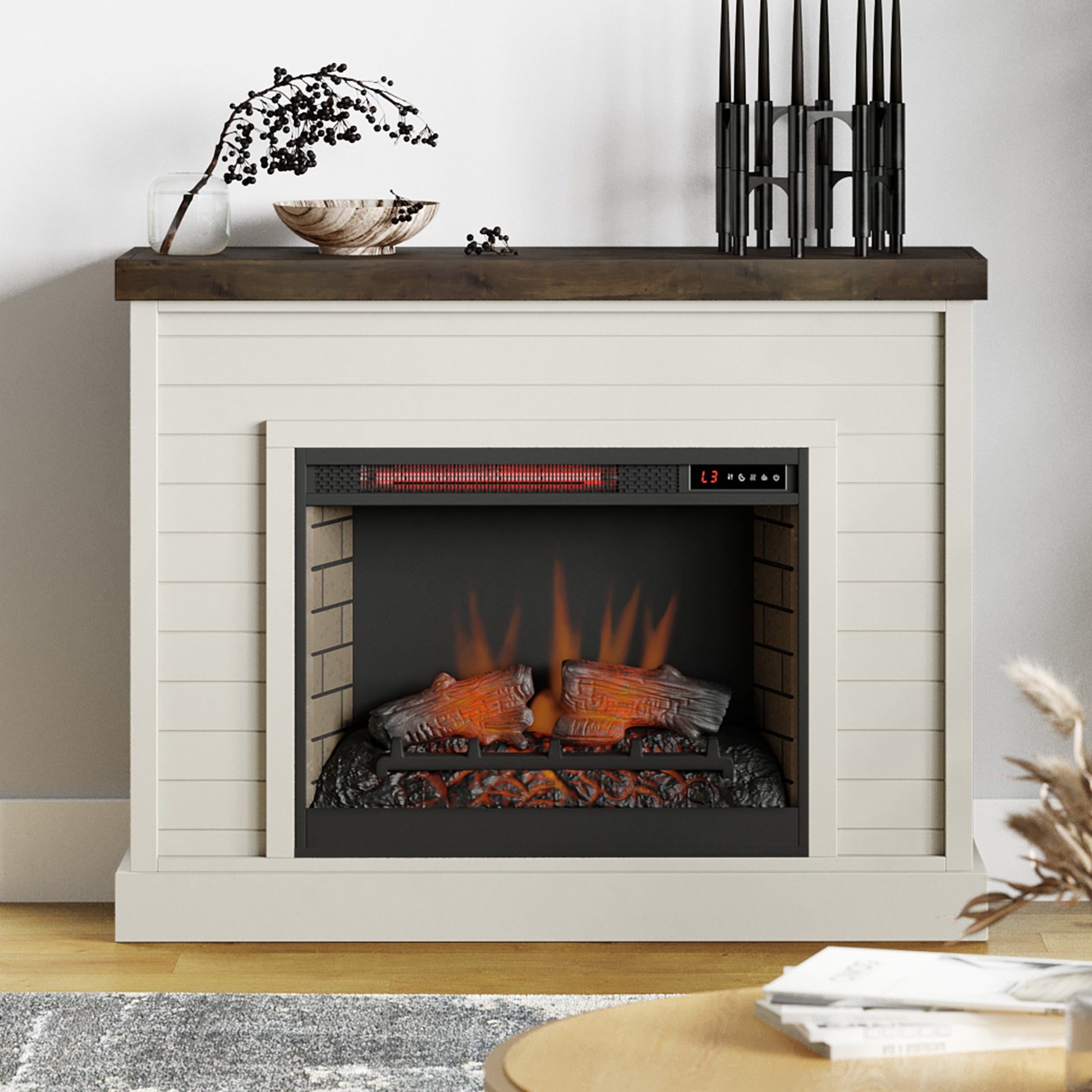 Washington 48 Inch Fireplace With Mantel, Jasmine Whitewash And Barnwood Finish Up To 40 Powder Coated Electric White 400 Coastal,Farmhouse,Nautical Yes Insert Solid Wood Electric