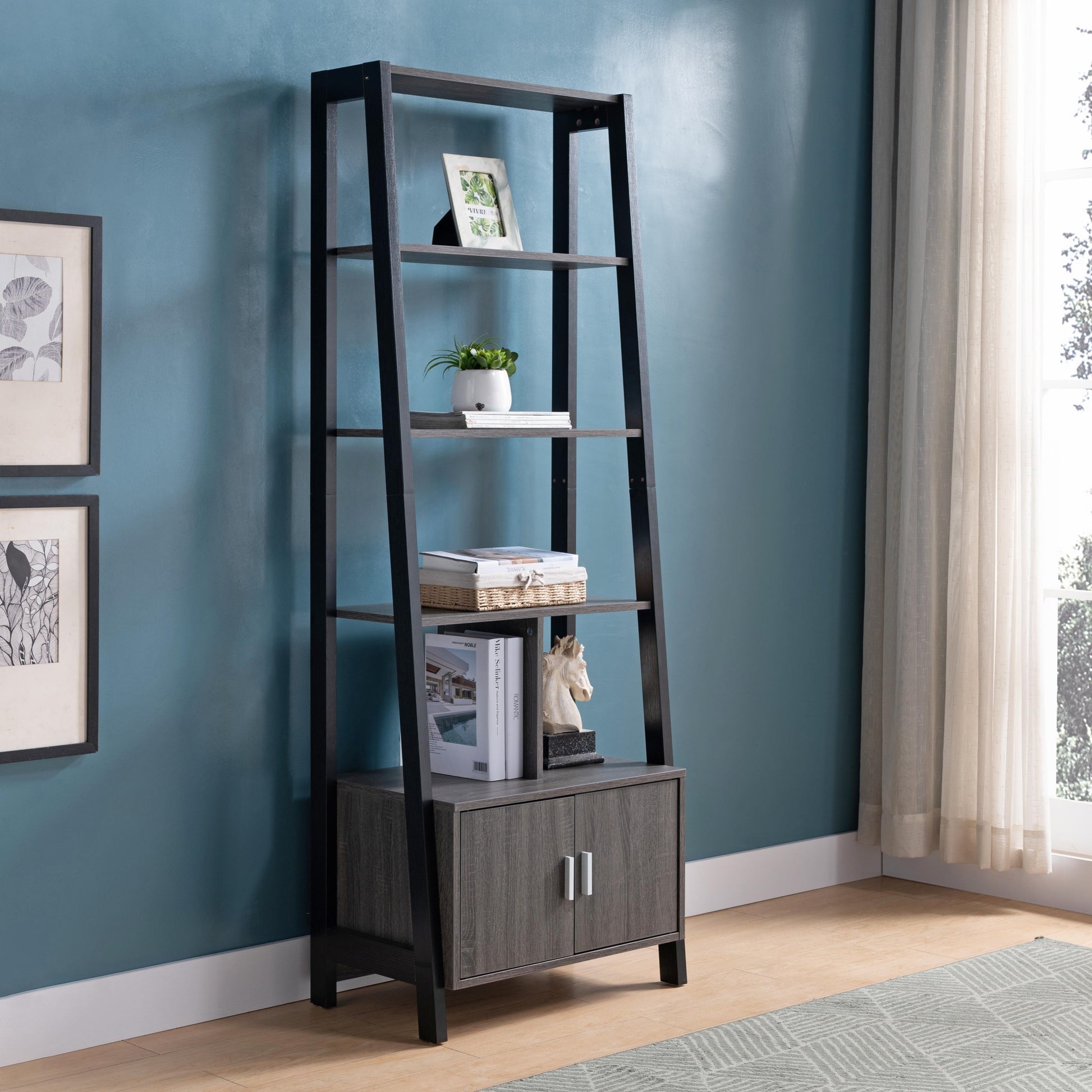 Modern Bookcase With Four Open Shelves And Two Door Cabinet Black & Grey Grey Particle Board