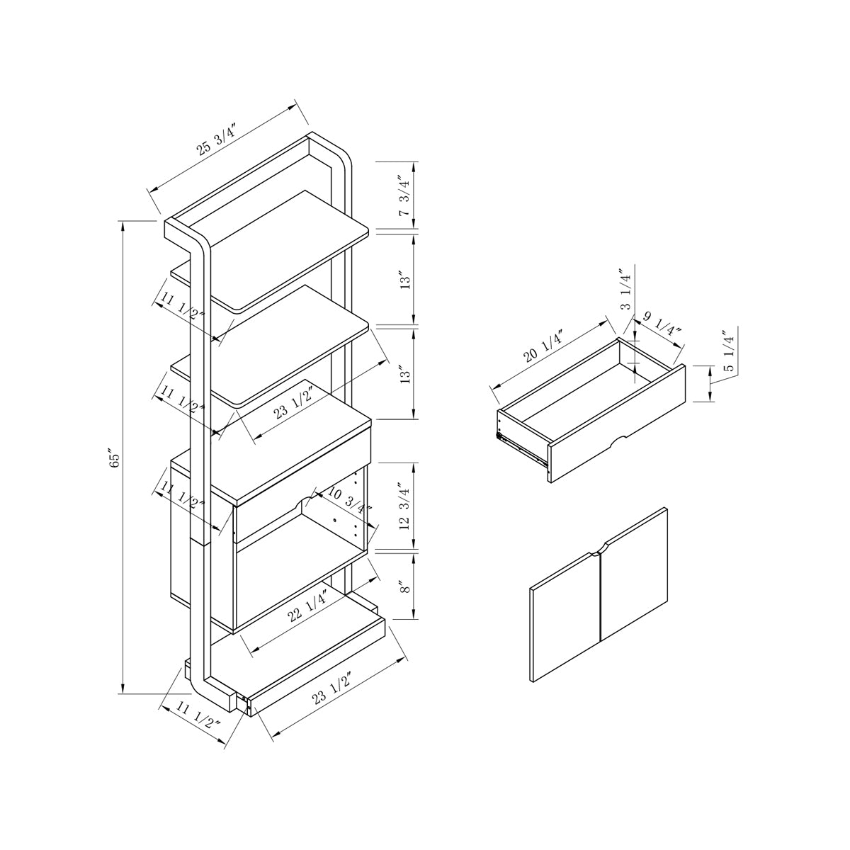 Contemporary Bookcase Four Open Shelve One Drawer Two Cabinets With Open Shelve White & Grey Grey Particle Board