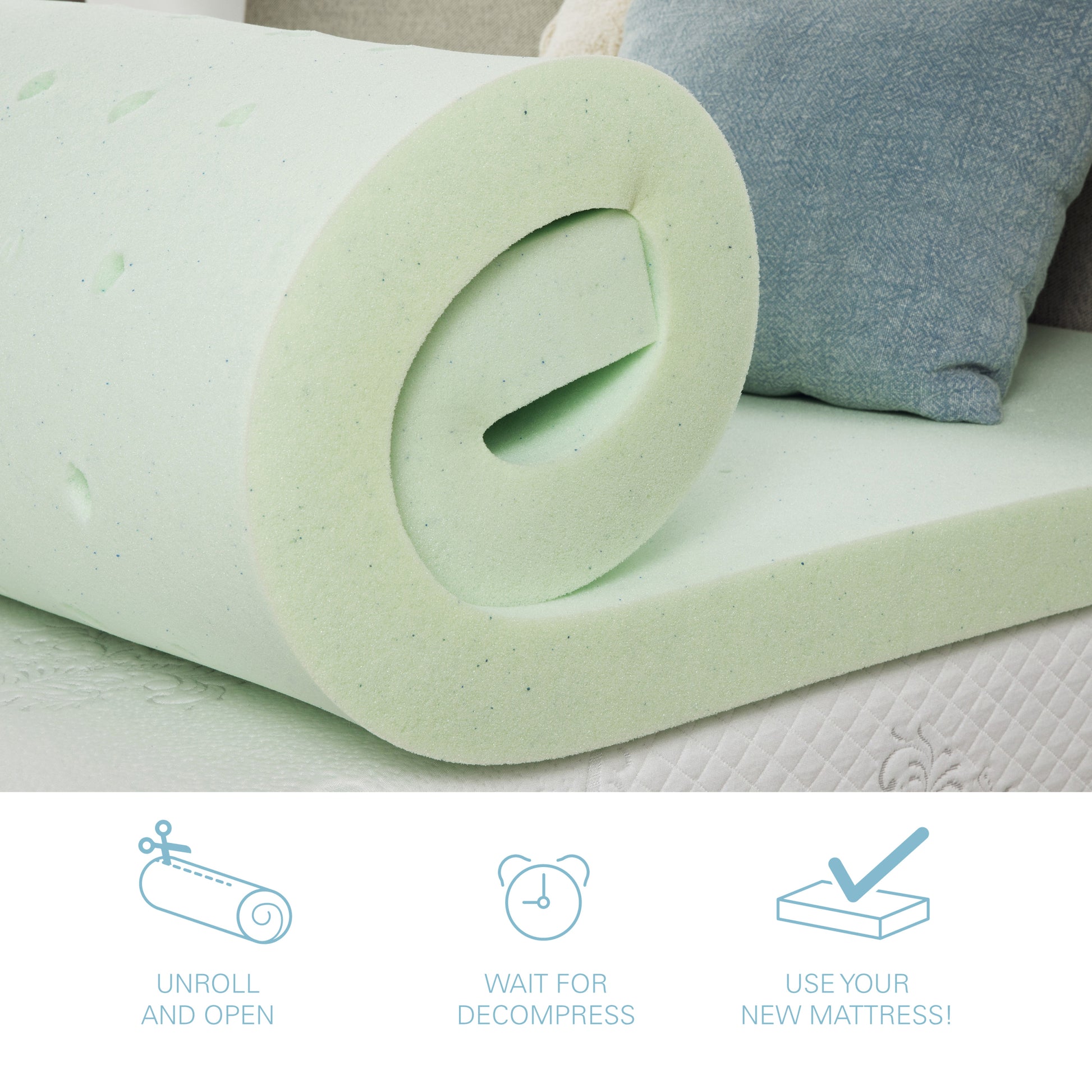 2 Inch Queen Size Cool Gel Memory Foam Mattress Topper Light Green Bedroom Foam