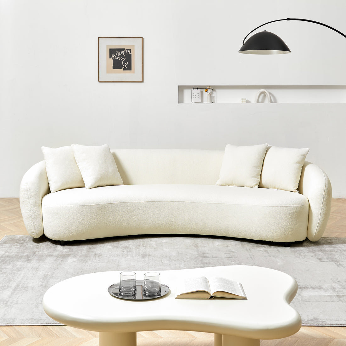 Modern Curved Sofa Mid Century White Comfy Half Moon Teddy Fabric Couch,101" Upholstered With 4 Throw Pillows For Living Room White Modern Teddy 5 Seat