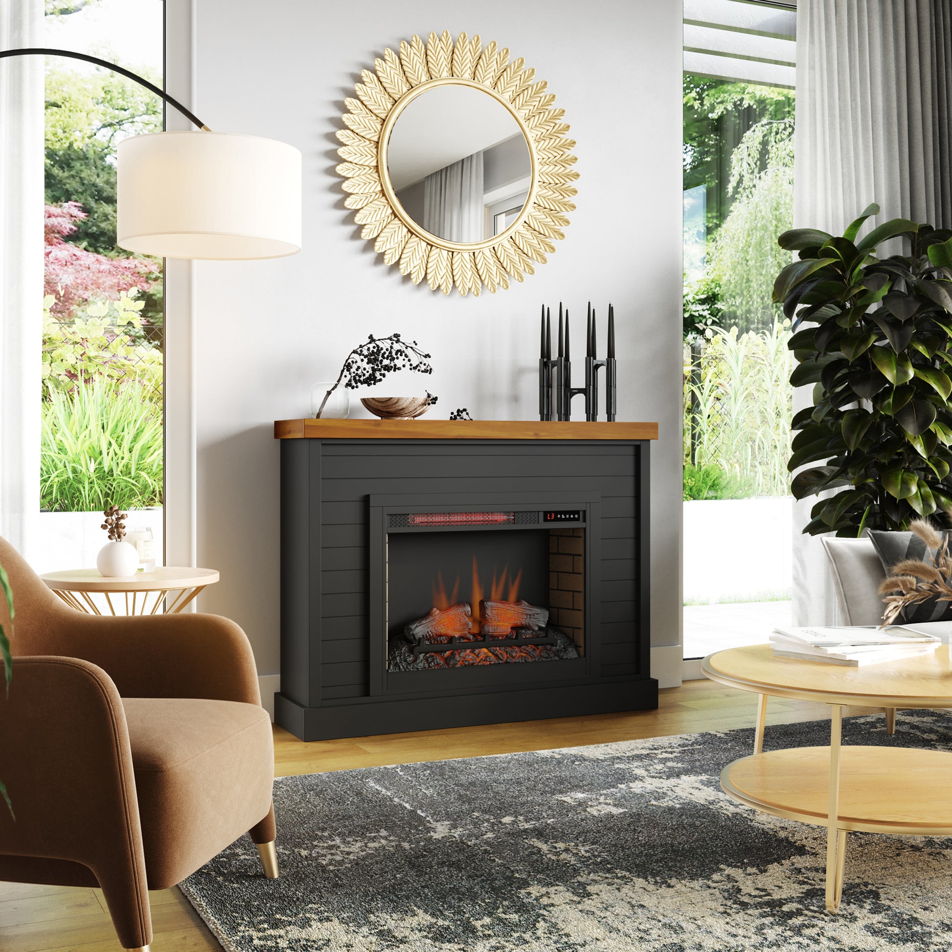 Washington 48 Inch Fireplace With Mantel, Black And Whiskey Finish Up To 40 Powder Coated Electric Black 400 Coastal,Farmhouse,Nautical Poplar Yes Insert Solid Wood Electric
