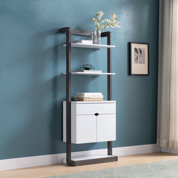 Contemporary Bookcase Four Open Shelve One Drawer Two Cabinets With Open Shelve White & Grey Grey Particle Board