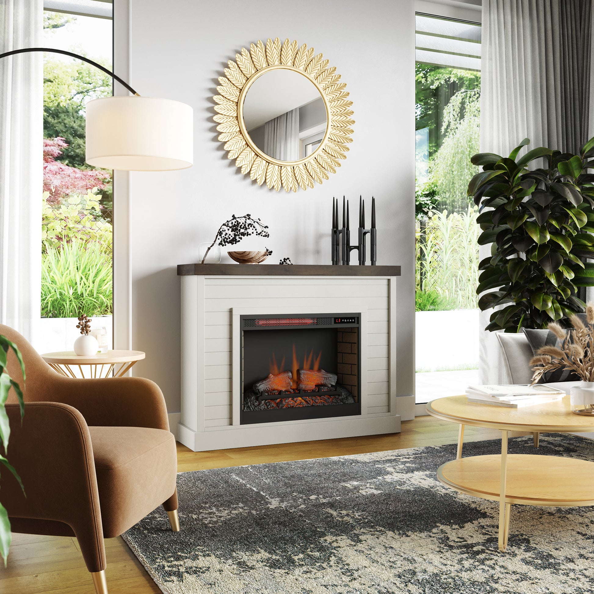 Washington 48 Inch Fireplace With Mantel, Jasmine Whitewash And Barnwood Finish Up To 40 Powder Coated Electric White 400 Coastal,Farmhouse,Nautical Yes Insert Solid Wood Electric