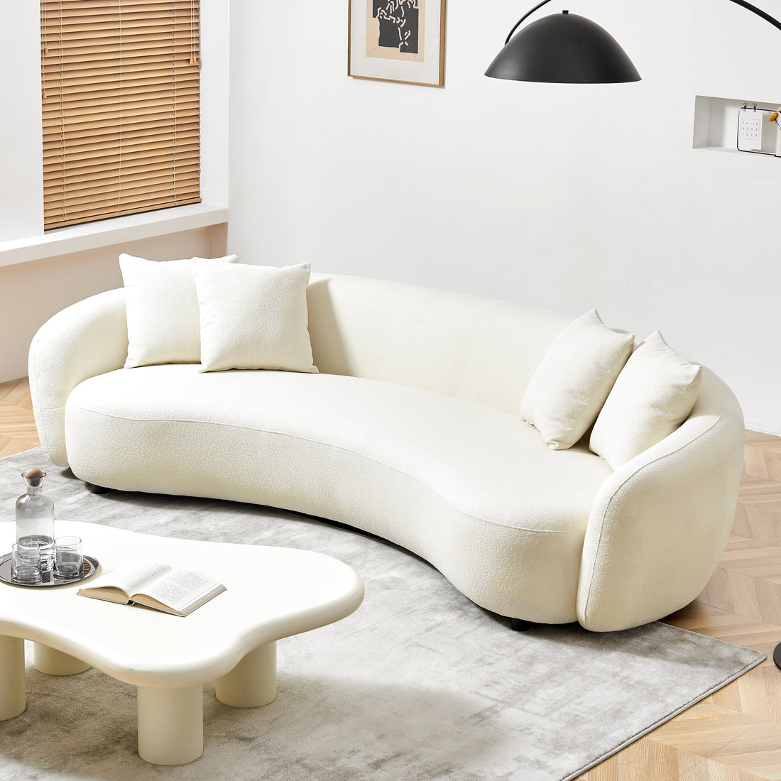 Modern Curved Sofa Mid Century White Comfy Half Moon Teddy Fabric Couch,101" Upholstered With 4 Throw Pillows For Living Room White Modern Teddy 5 Seat