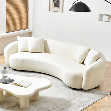 Modern Curved Sofa Mid Century White Comfy Half Moon Teddy Fabric Couch,101" Upholstered With 4 Throw Pillows For Living Room White Modern Teddy 5 Seat