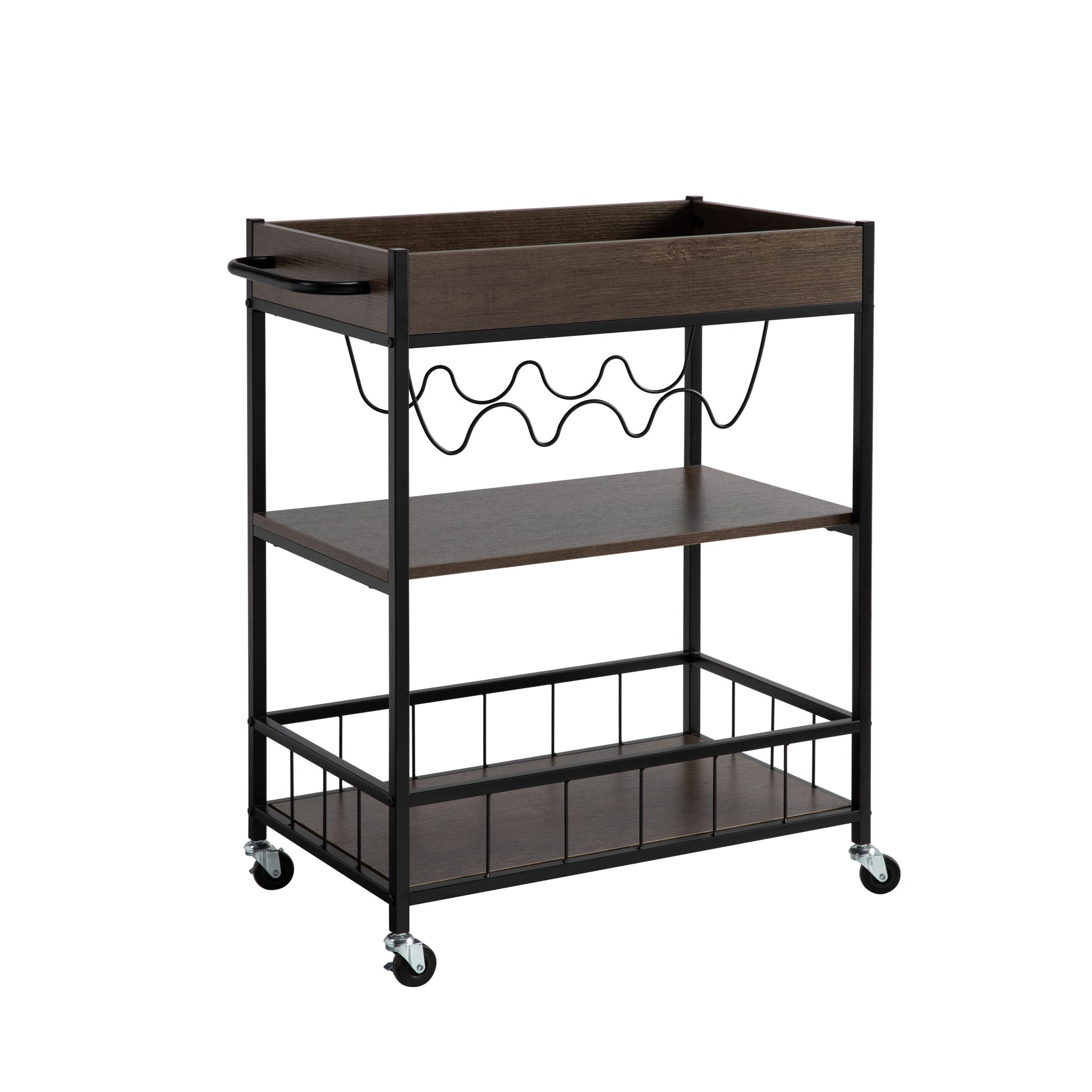 Rolling Kitchen Cart With Three Tiers And Four Wine Bottle Rack Brown And Black Metal Walnut Particle Board