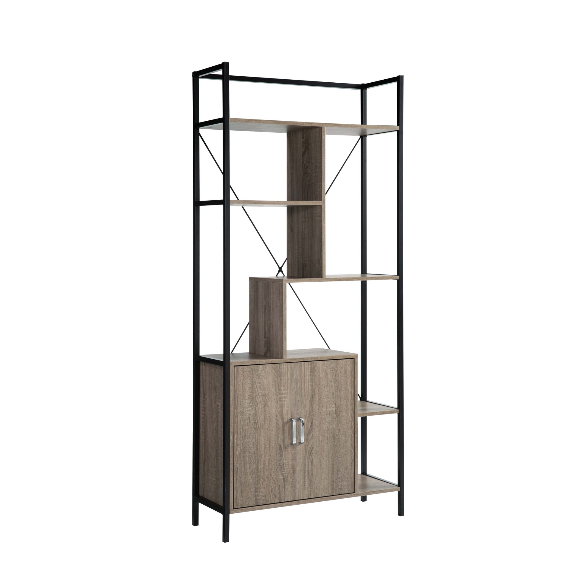 Six Shelf Modern Bookcase With Two Door Storage Cabinet With Two Shelves Brown And Black Metal Taupe Particle Board