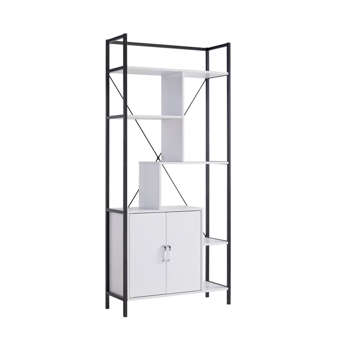 Six Shelf Modern Bookcase With Two Door Storage Cabinet With Two Shelves White And Black Metal White Particle Board