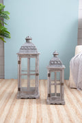 Wooden Candle Lantern Decorative, Hurricane Lantern Holder Decor For Indoor Outdoor, Home Garden Wedding Gray Wood Glass