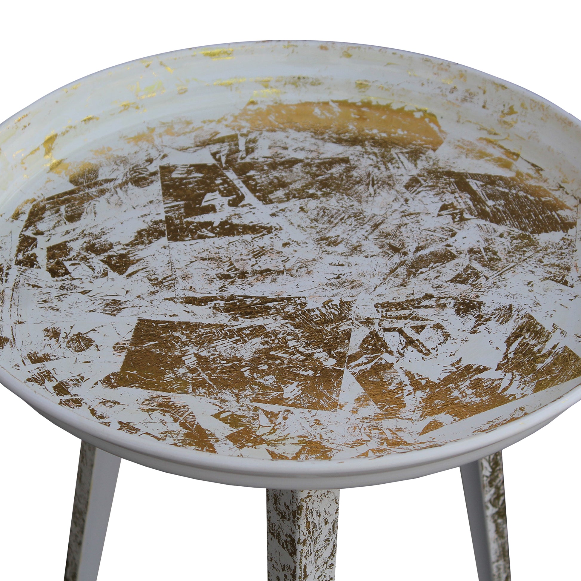 20 Inch Artisanal Industrial Round Tray Top Iron Side End Table, Tripod Base, Distressed White, Gold Golden White Iron
