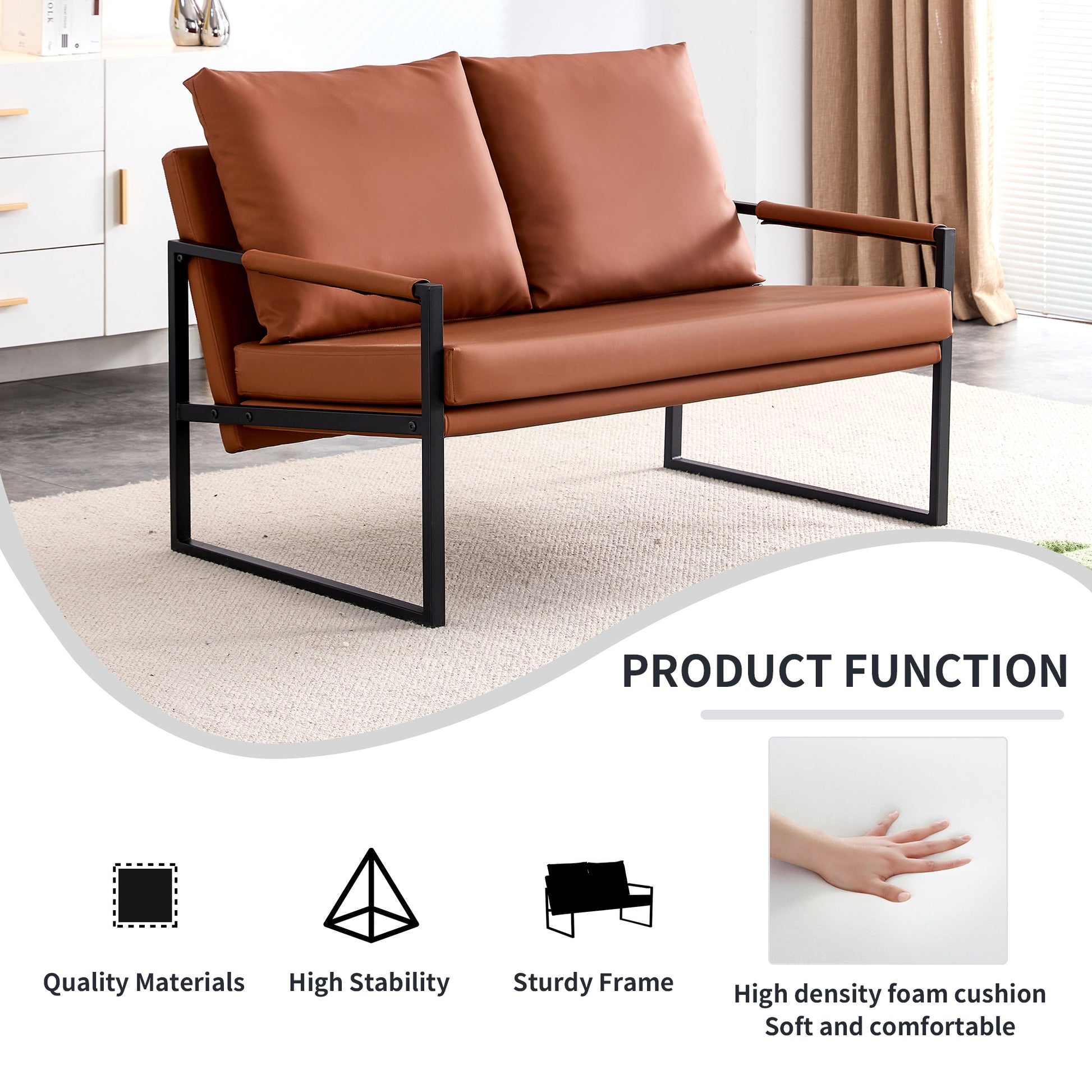 Pu Leather Armchair Metal Frame Cushion Armchair, Cushion Backrest, Living Room Sofa 1 Double Sofa 2 Single Sofa Brown Pu Leather Metal Frame Foam Sf 008 Brown Foam Pu 4 Seat