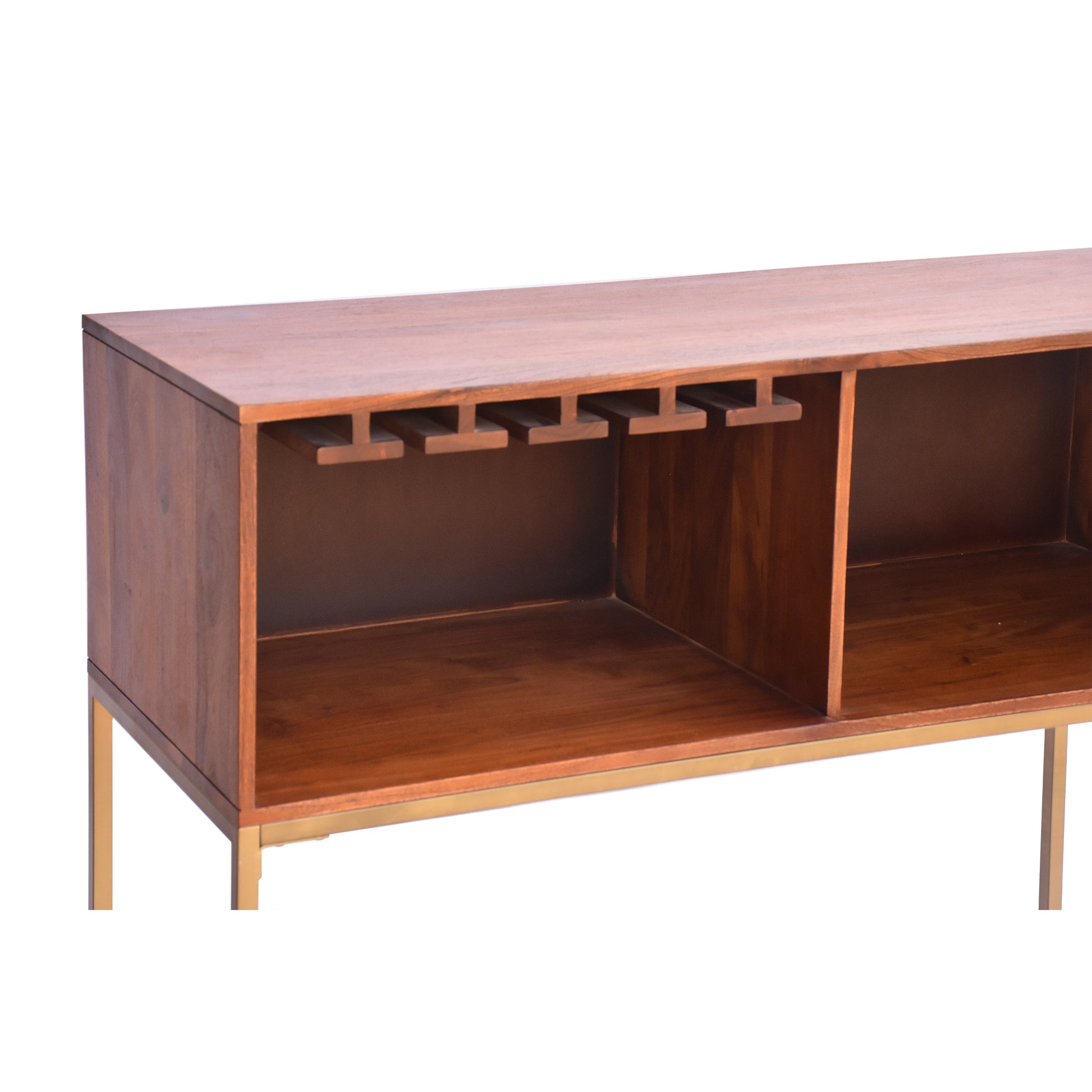 Kalyn 48 Inch Acacia Wood Bar Cabinet, 1 Door, Metal Frame, Geometric Screen Printed Design, Brown, Brass Brown Metal & Wood