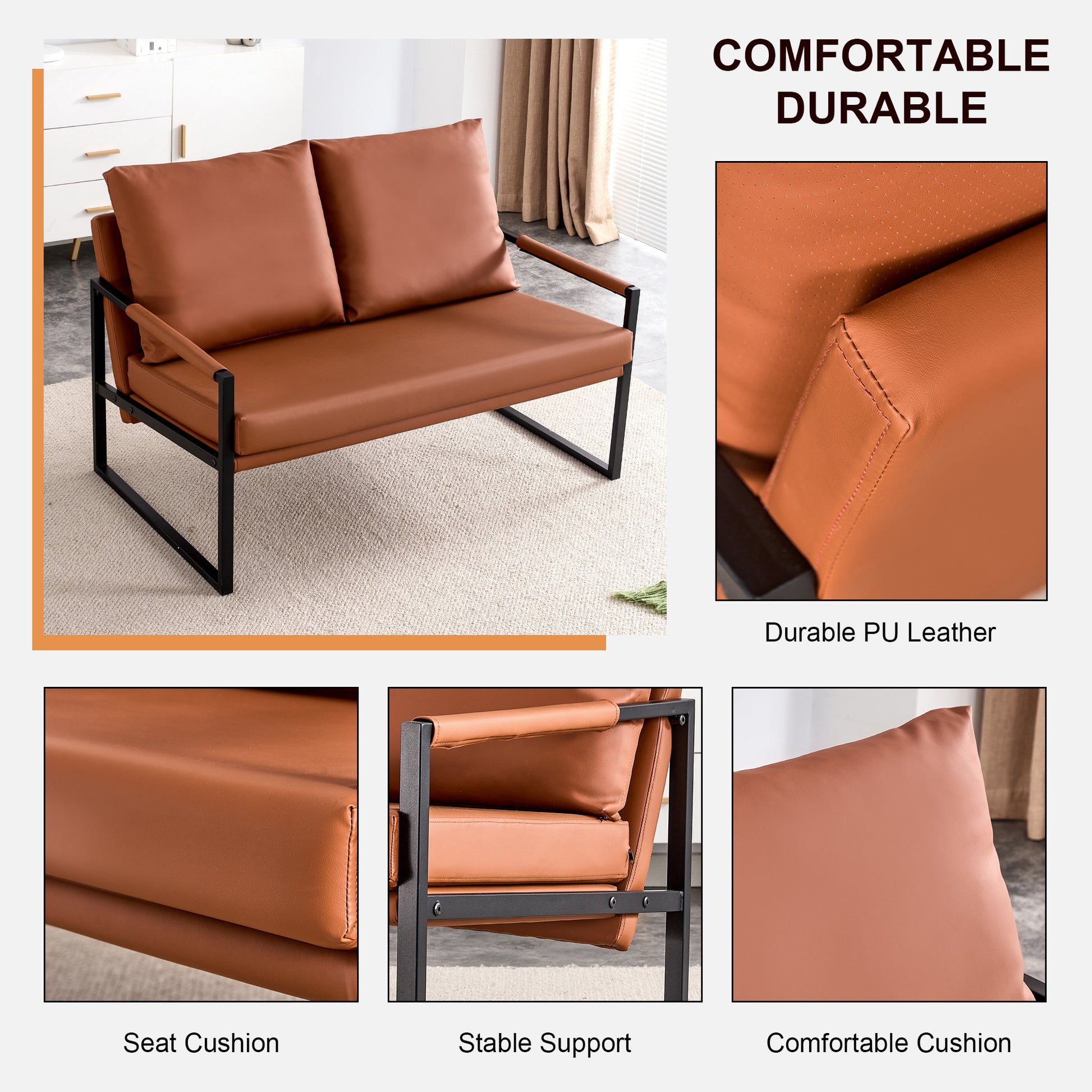 Pu Leather Armchair Metal Frame Cushion Armchair, Cushion Backrest, Living Room Sofa 1 Double Sofa 2 Single Sofa Brown Pu Leather Metal Frame Foam Sf 008 Brown Foam Pu 4 Seat