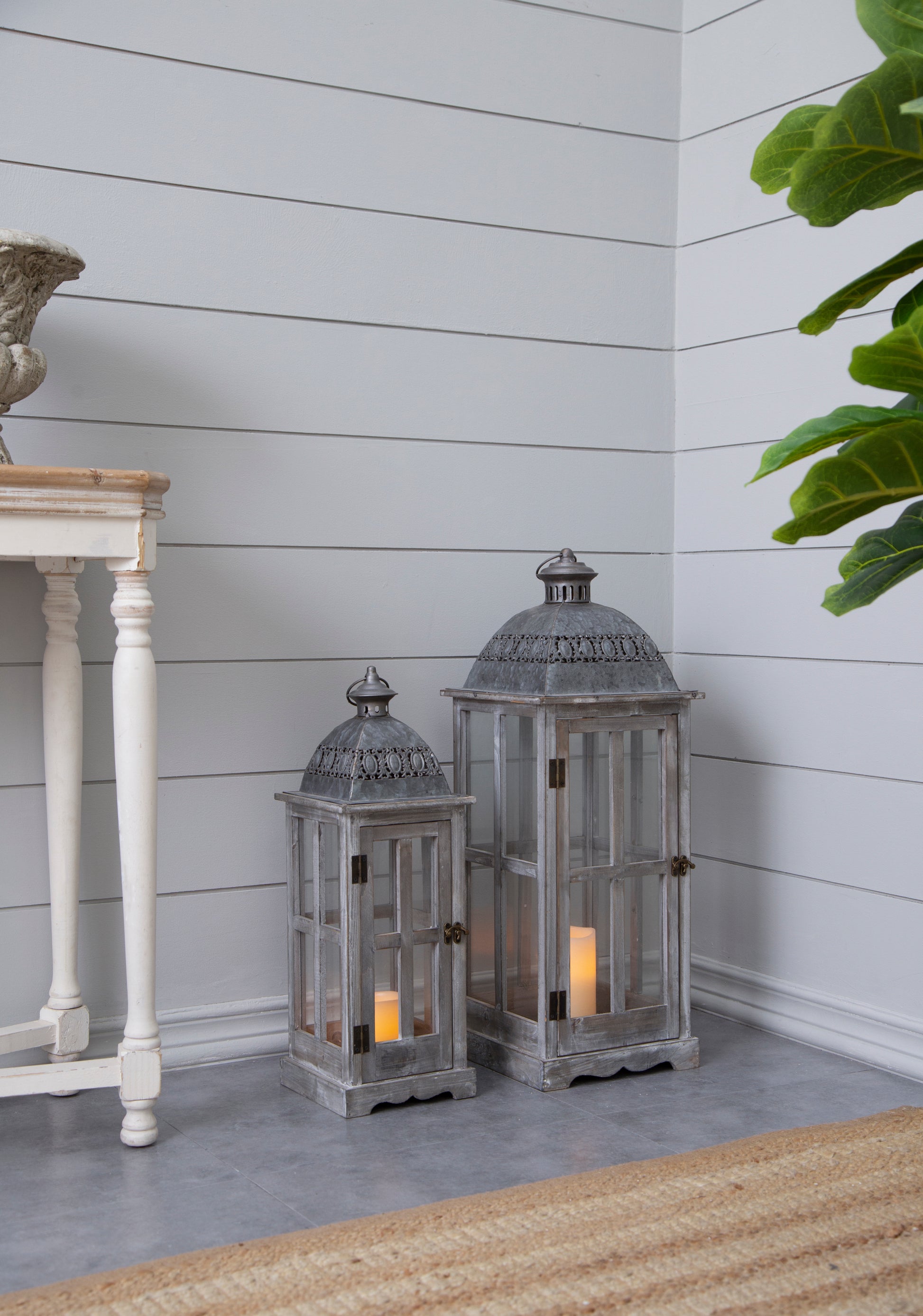 Wooden Candle Lantern Decorative, Hurricane Lantern Holder Decor For Indoor Outdoor, Home Garden Wedding Gray Wood Glass