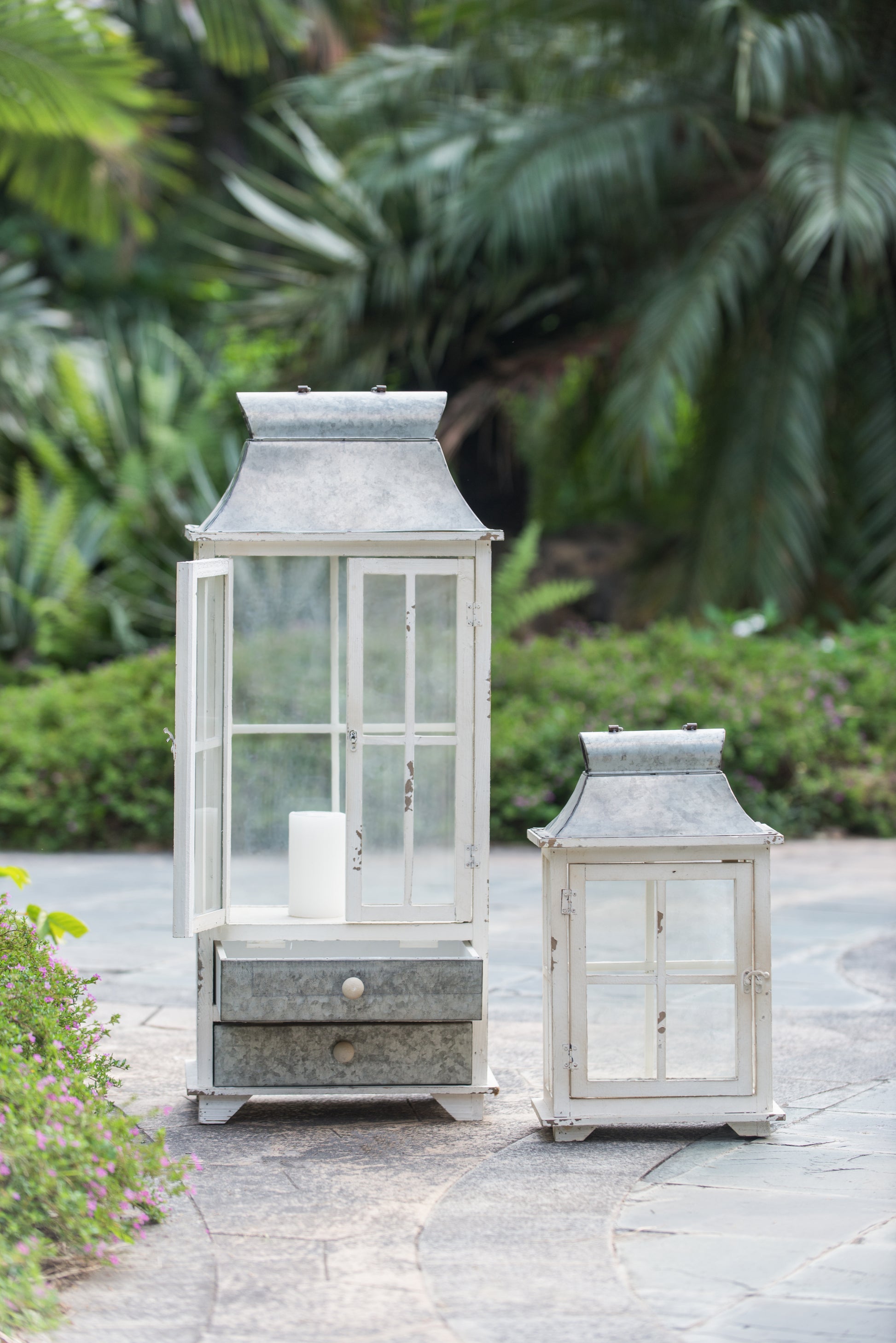 Wooden Candle Lantern Decorative, Hurricane Lantern Holder Decor For Indoor Outdoor, Home Garden Wedding Ivory Wood Glass