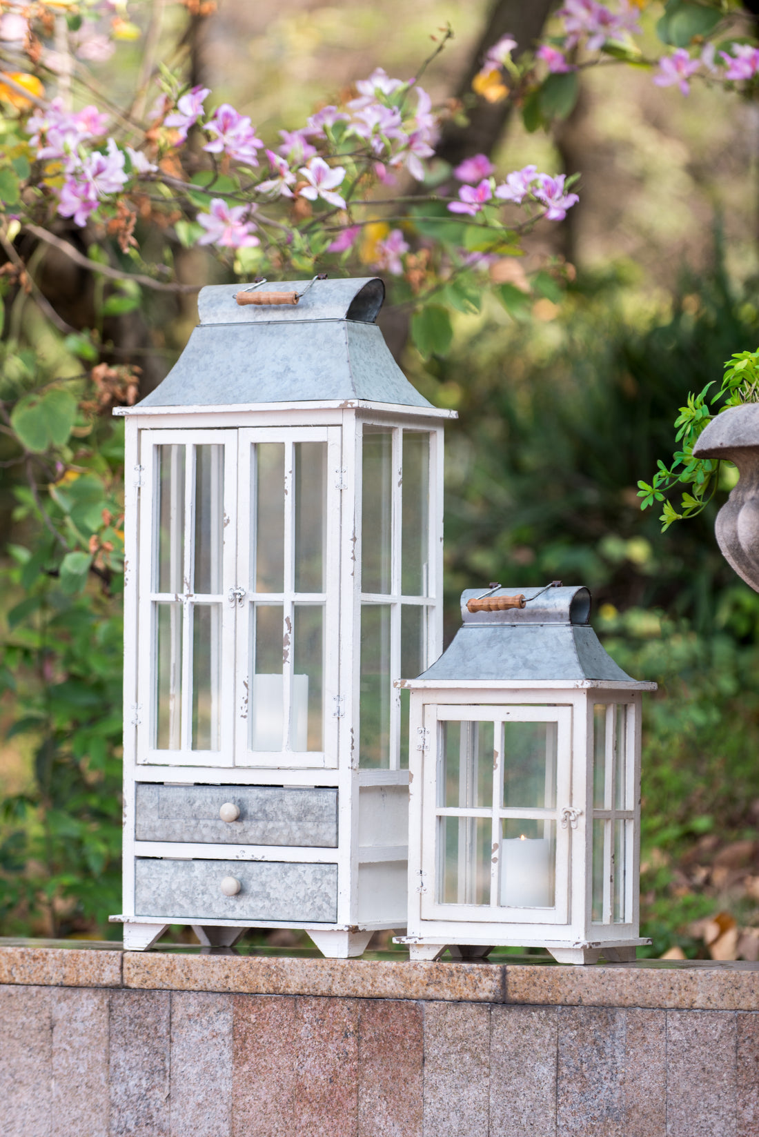Wooden Candle Lantern Decorative, Hurricane Lantern Holder Decor For Indoor Outdoor, Home Garden Wedding Ivory Wood Glass